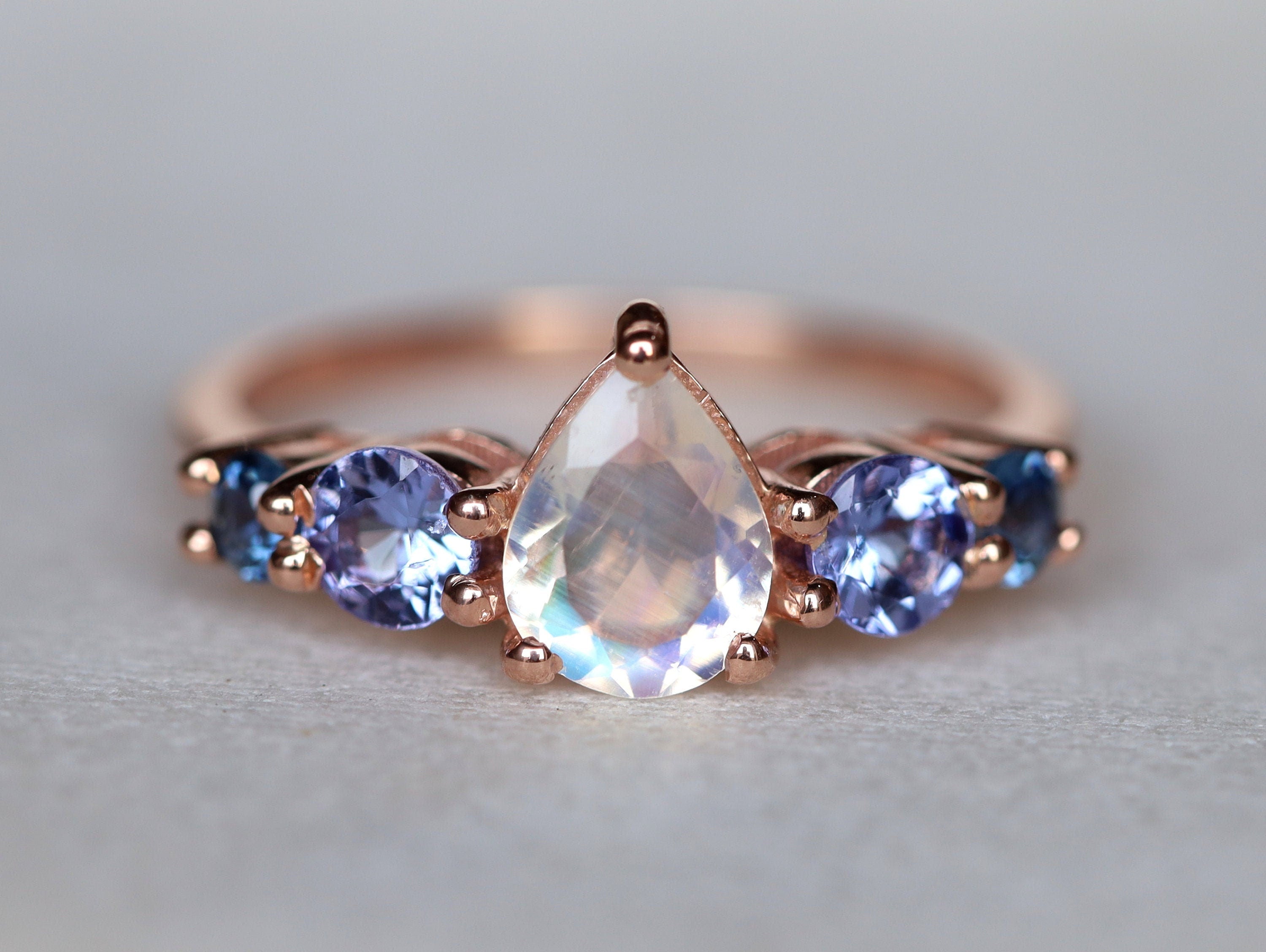 Moonstone Engagement Ring | Rainbow Moonstone & Tanzanite Sapphire Cluster | Five Stone Ring -