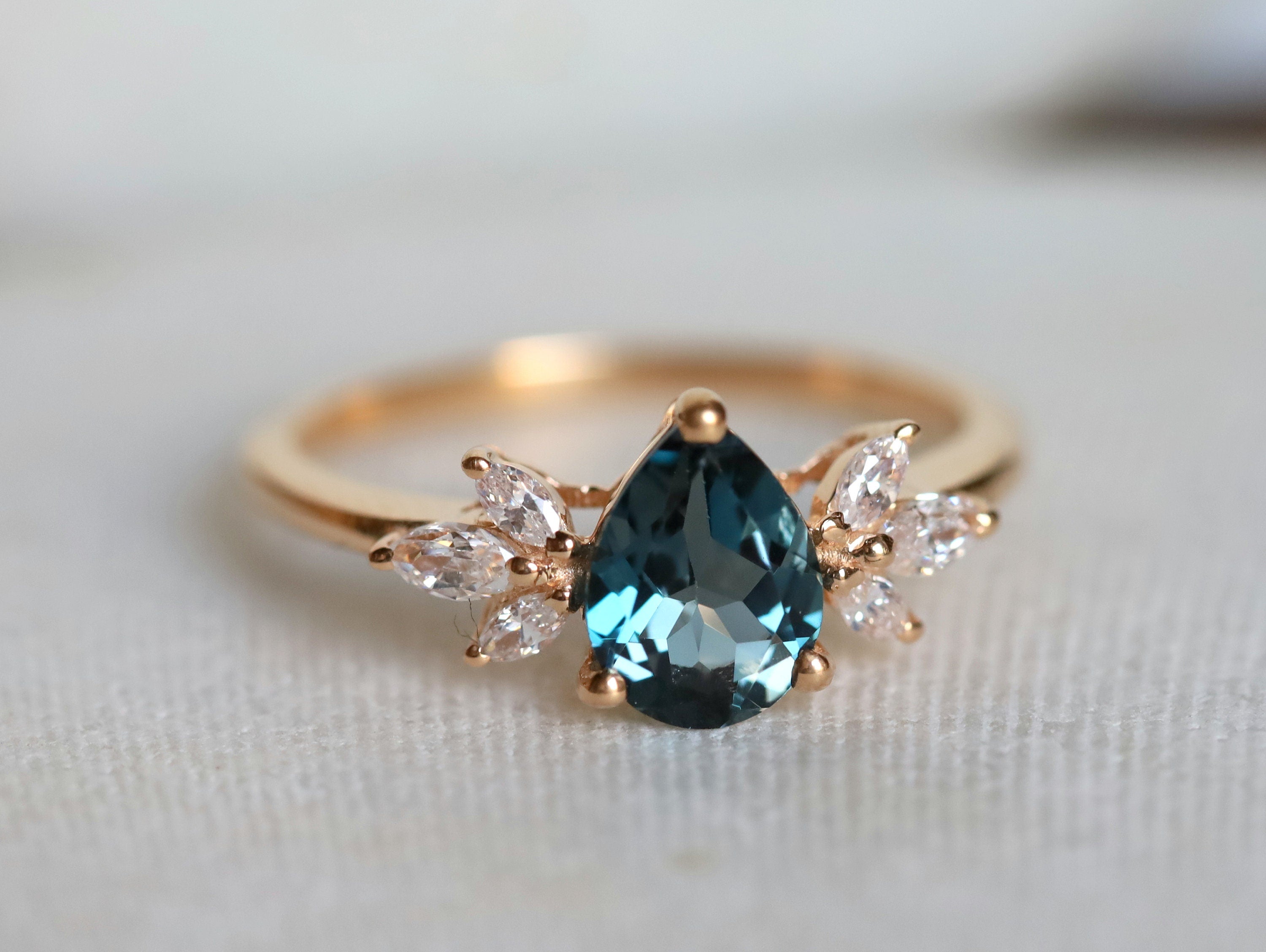 London Blue Topaz Engagement Ring | Twig Style Pear Shape Ring | Marquise Diamond Ring -
