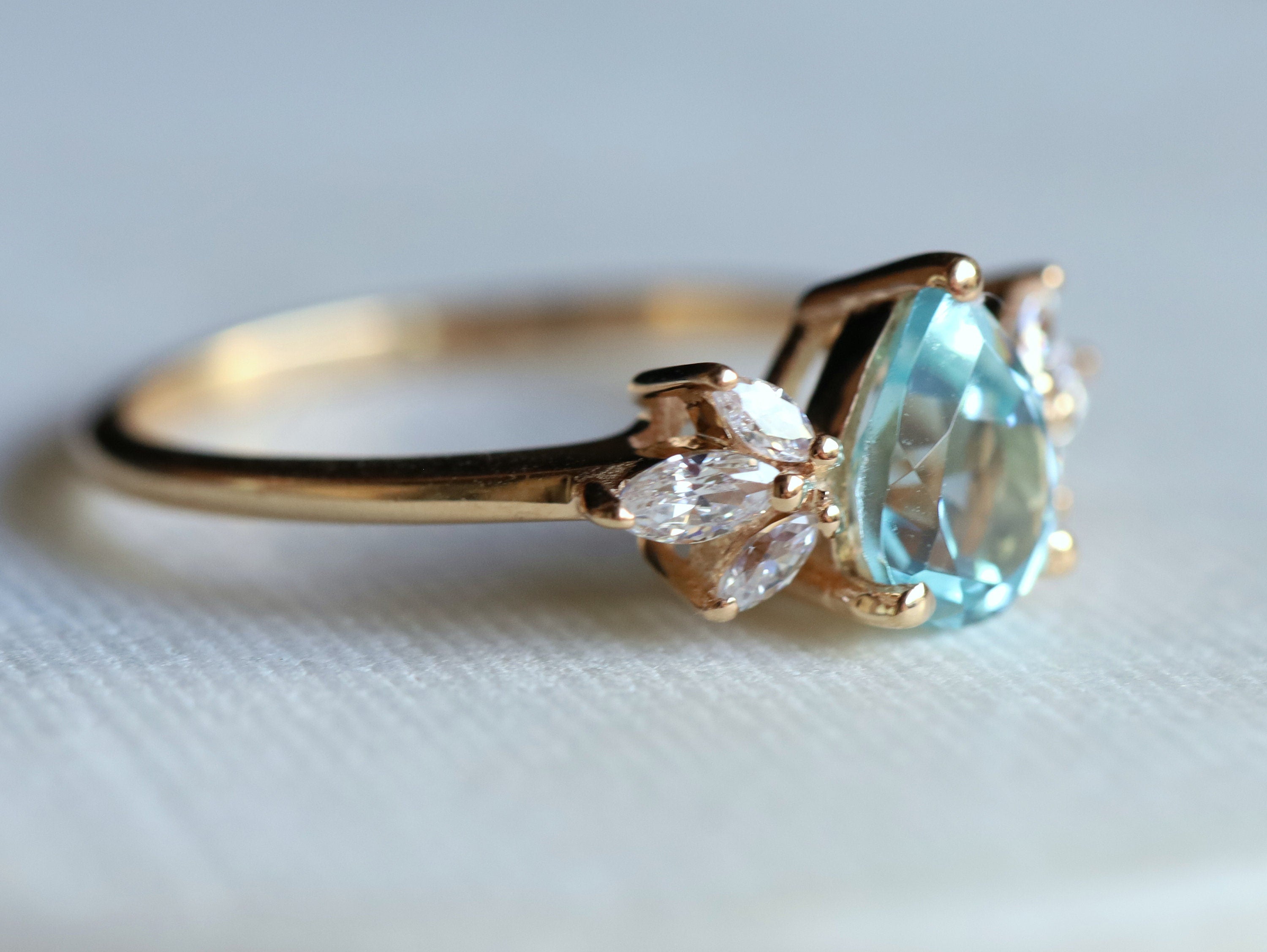 Aquamarine & Diamond Engagement Ring | Pear Cut Engagement Ring | March Birthstone -