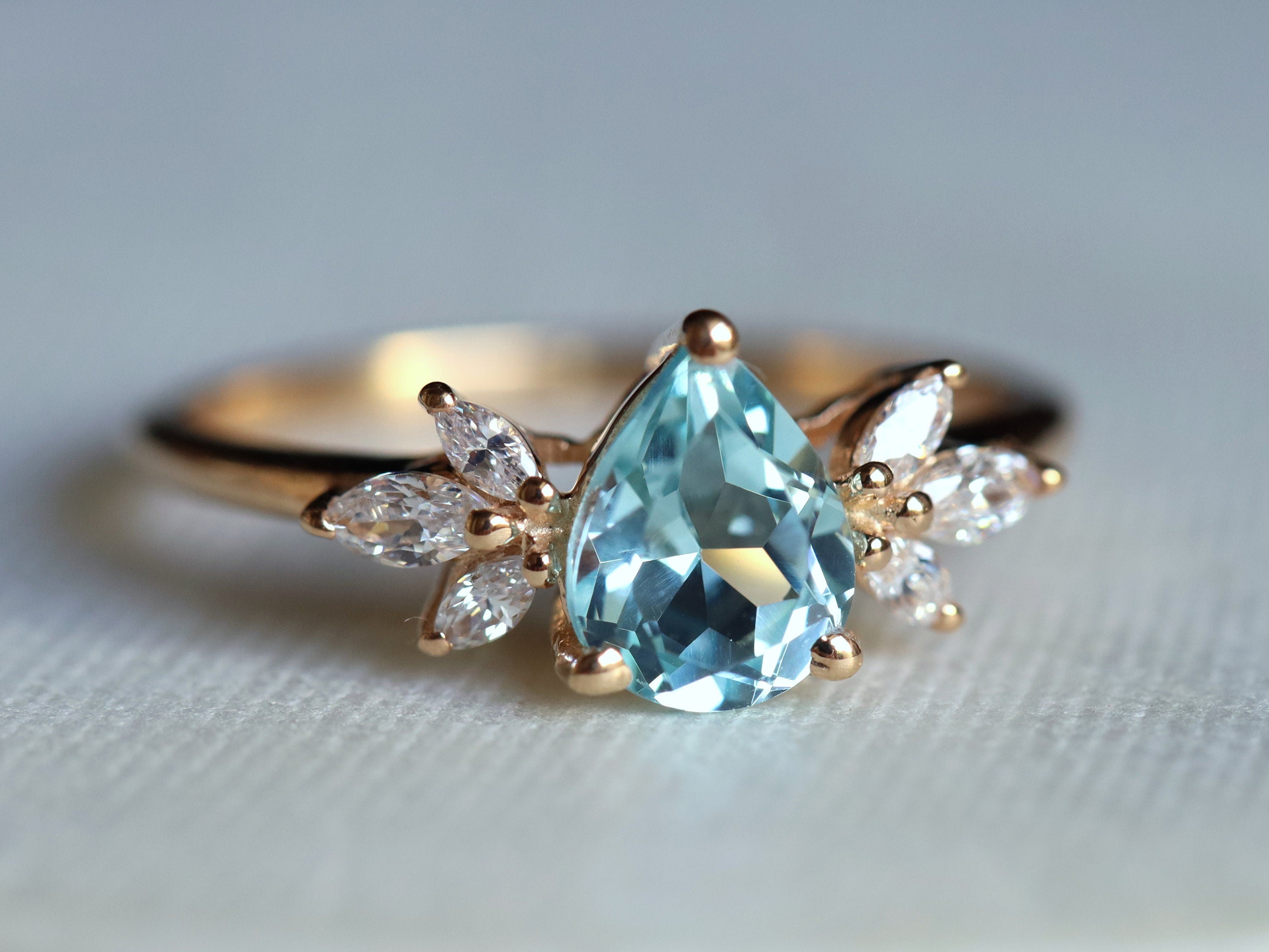 Aquamarine & Diamond Engagement Ring | Pear Cut Engagement Ring | March Birthstone -