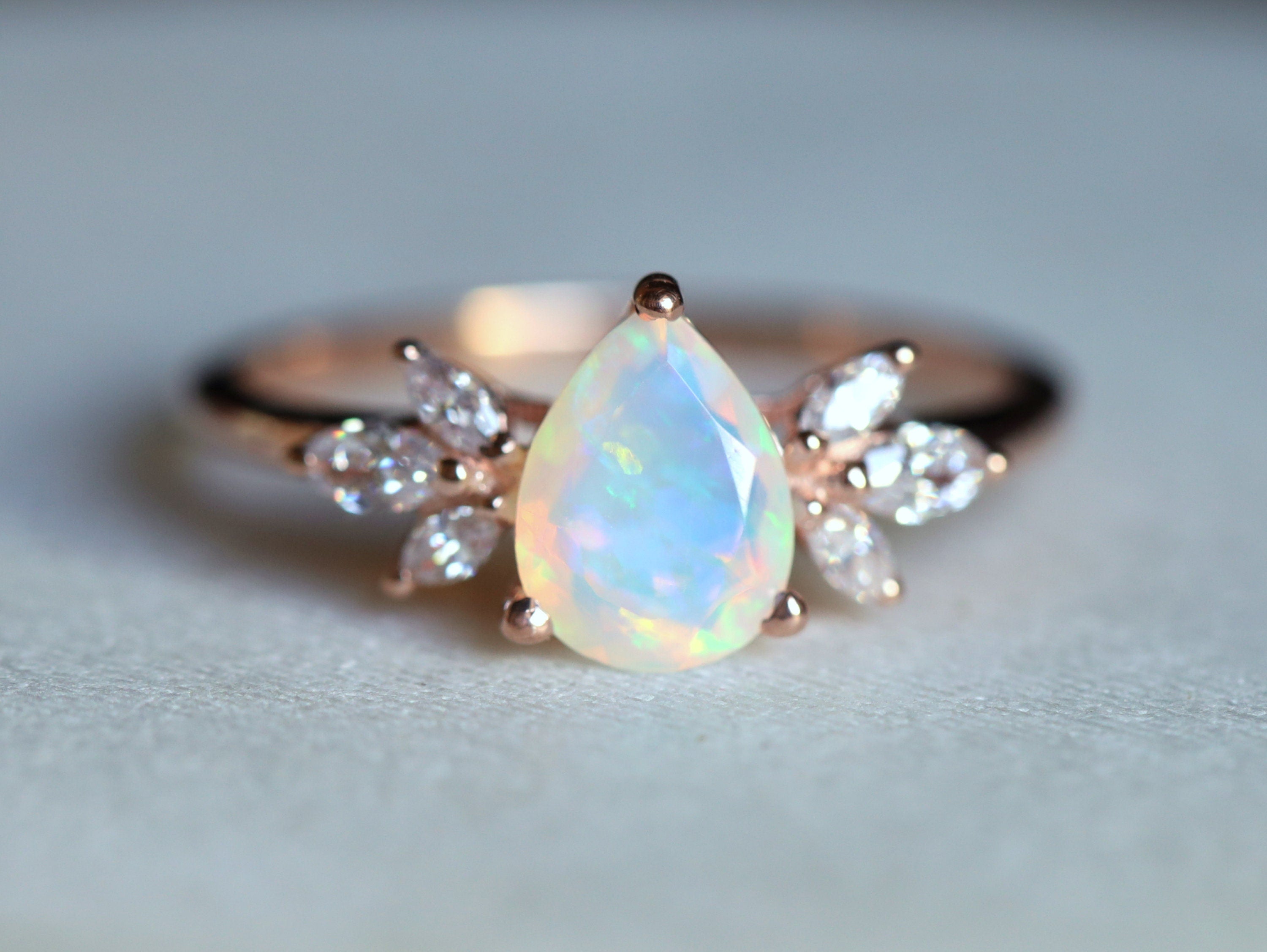 Opal Engagement Ring | Vintage Rose Gold Fire Opal Ring | Pear Cut Bridal Ring -