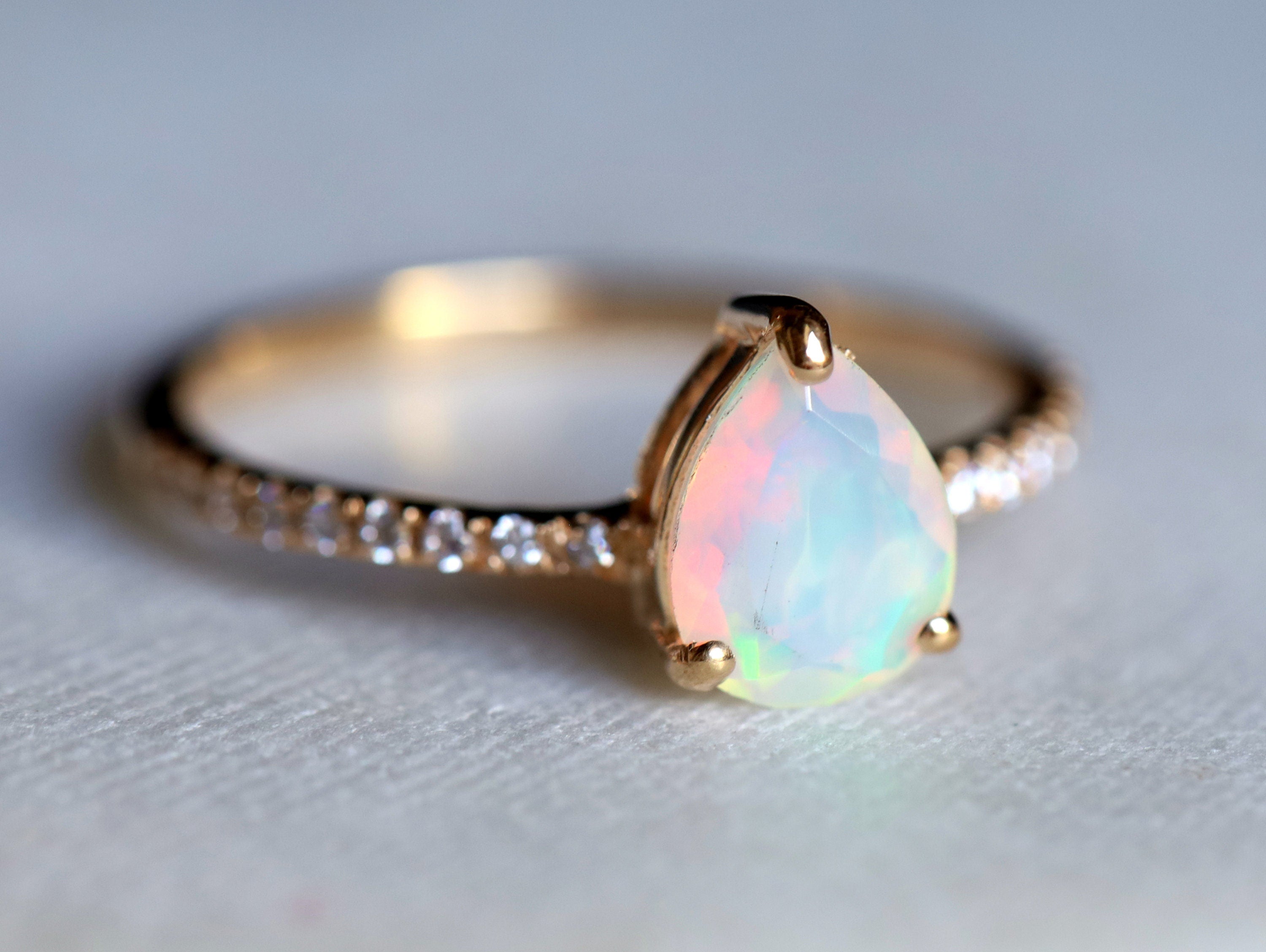 Opal Engagement Ring | Rose Gold Fire Opal Pear Cut Ring | Unique Bridal Anniversary Ring -