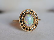 Opal Engagement Ring | Fire Opal Halo Ring | Black Diamond Vintage Opal Ring -