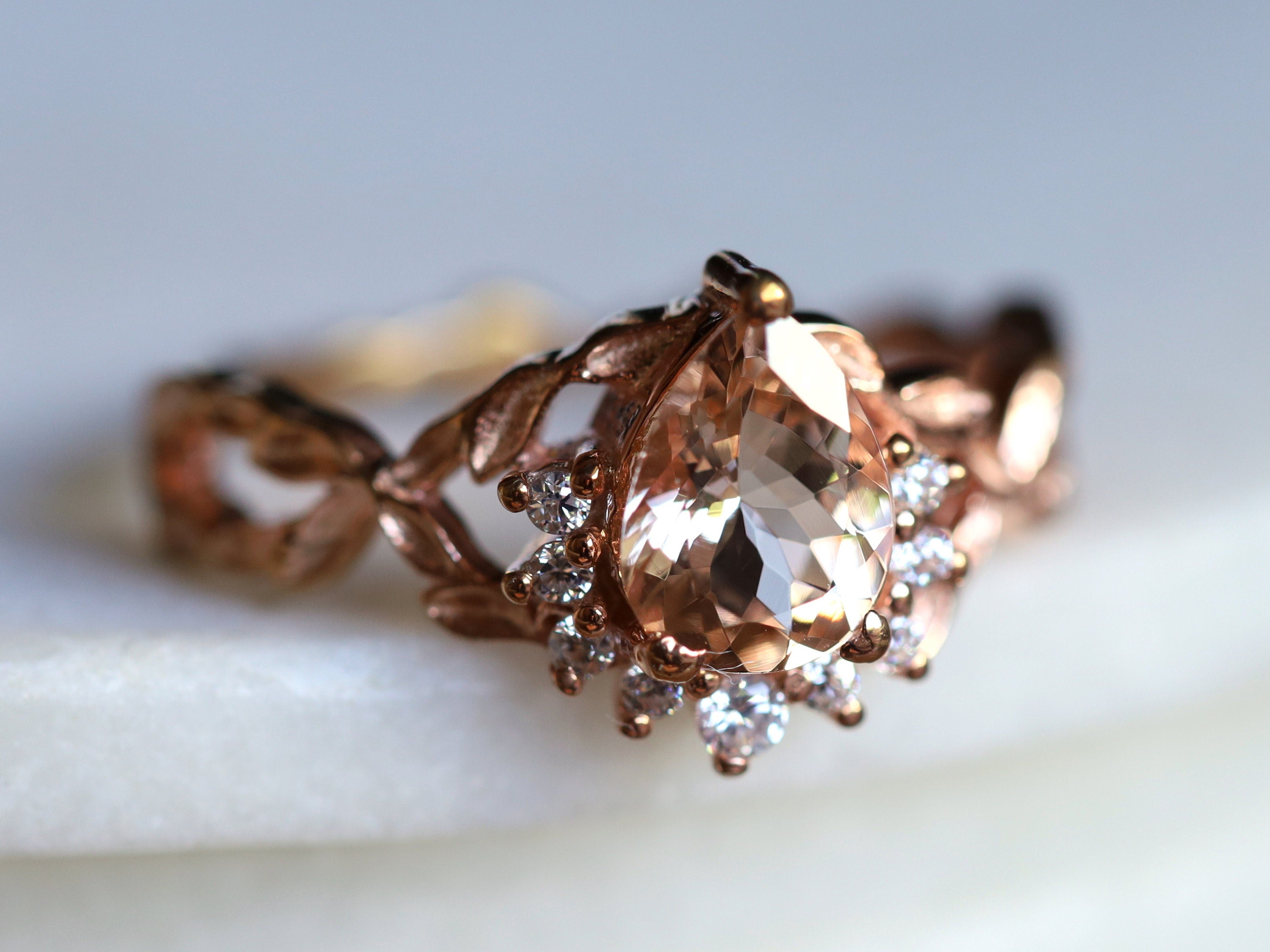 Morganite Engagement Ring | Pear-Cut Twig Design in Rose Gold | Peach Diamond Accent -