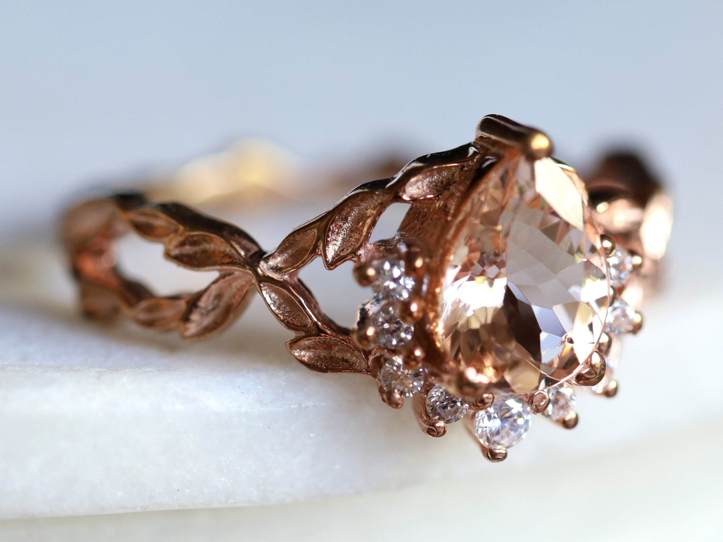 Morganite Engagement Ring | Pear-Cut Twig Design in Rose Gold | Peach Diamond Accent -