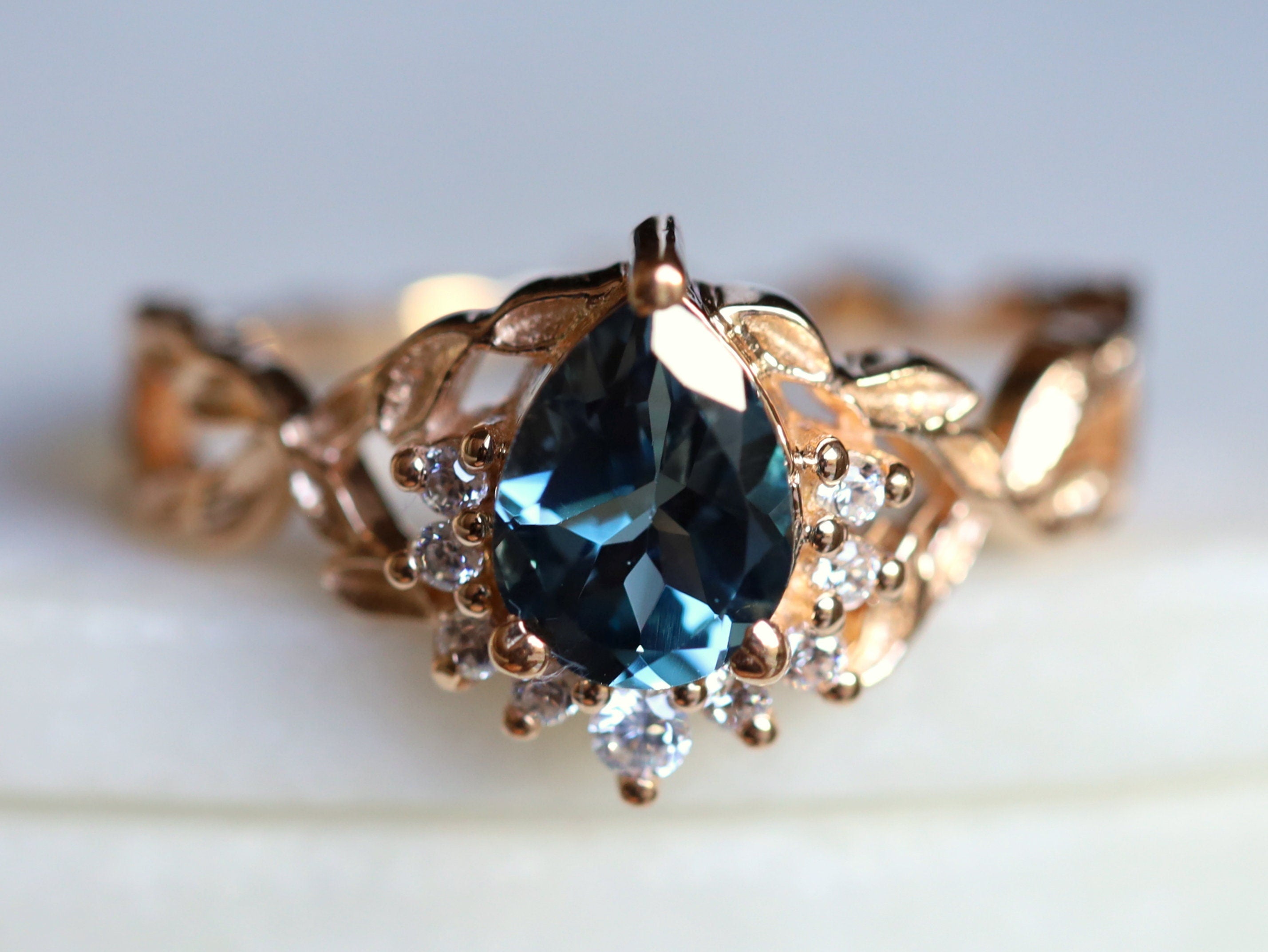 London Blue Topaz Twig Engagement Ring | Pear Cut Topaz Ring | December Birthstone -