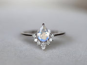 Rainbow Moonstone & Diamond Engagement Ring | Pear Cut Moonstone Ring | Anniversary Gift -