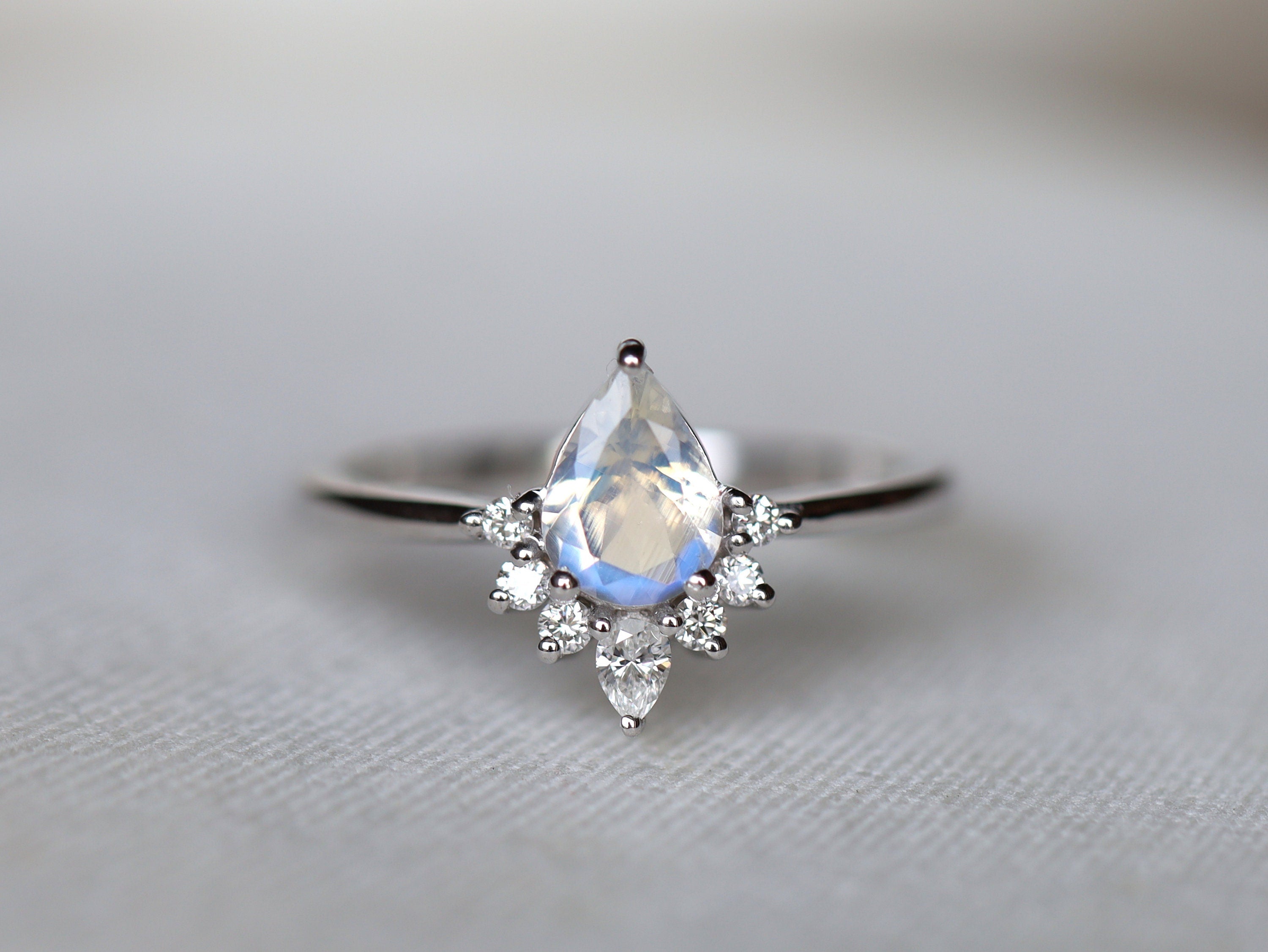 Rainbow Moonstone & Diamond Engagement Ring | Pear Cut Moonstone Ring | Anniversary Gift -