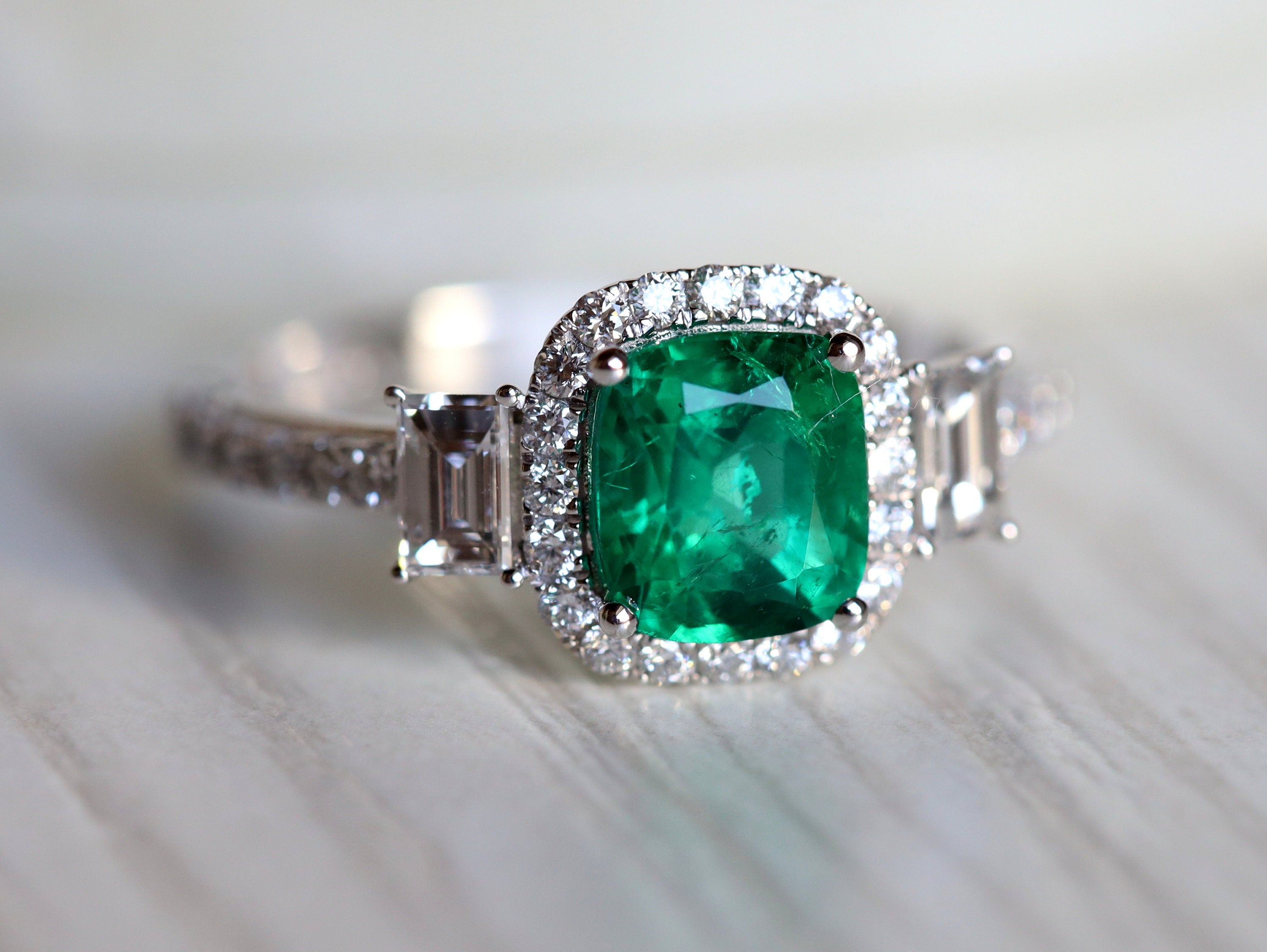 GIA Diamond and Emerald Cluster Ring | F-G VS 0.5 Carat Engagement and Wedding Ring -