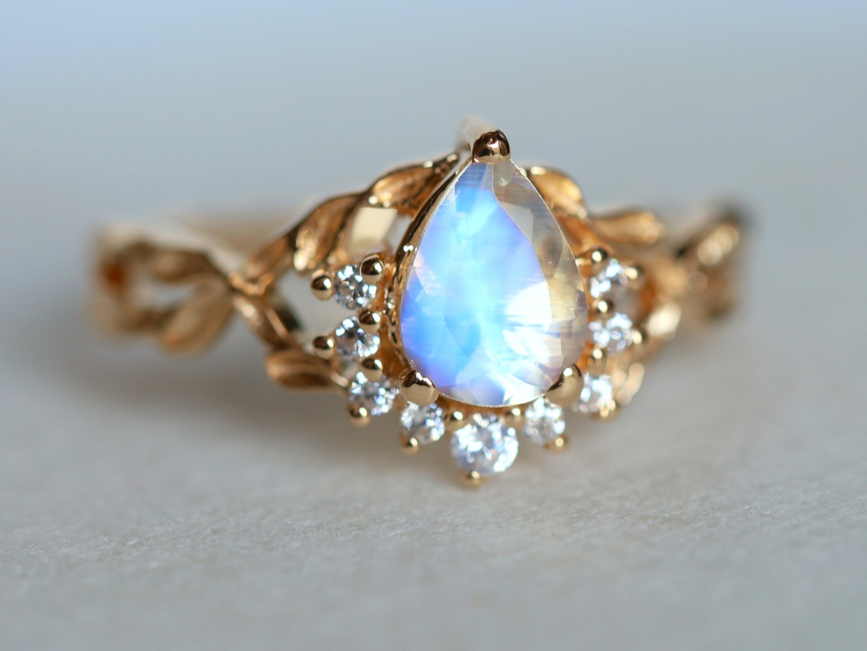 Moonstone Engagement Ring | Pear Cut Moonstone Ring | Leaf Twig Engagement Ring | Anniversary Gift -