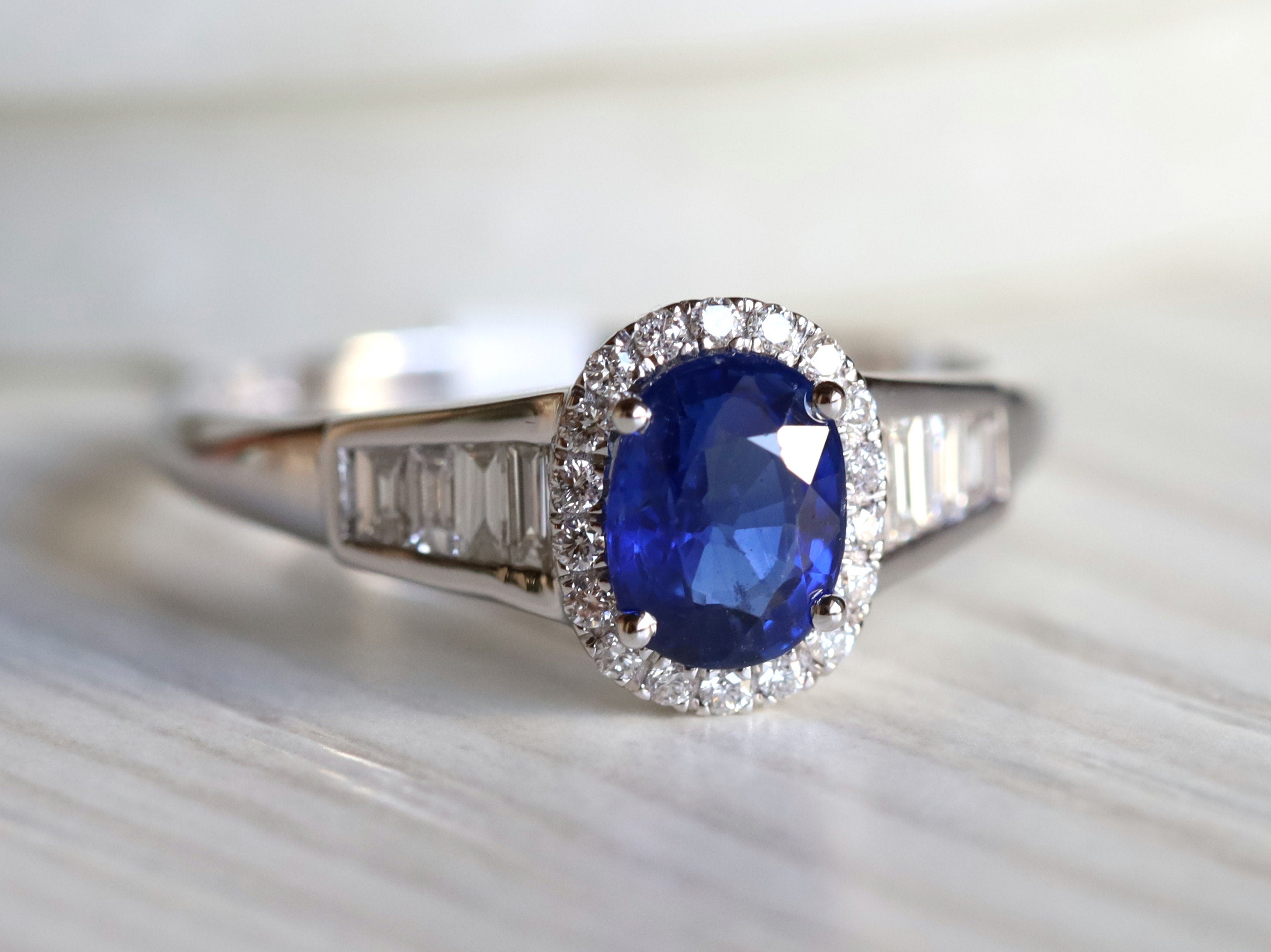 Blue Sapphire Engagement Ring | Sapphire & Diamond Baguette | Art Deco Antique Style -