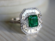 Natural Emerald Engagement Ring | Art Deco Emerald Diamond Ring | 2.5 Carat Emerald Halo Ring -