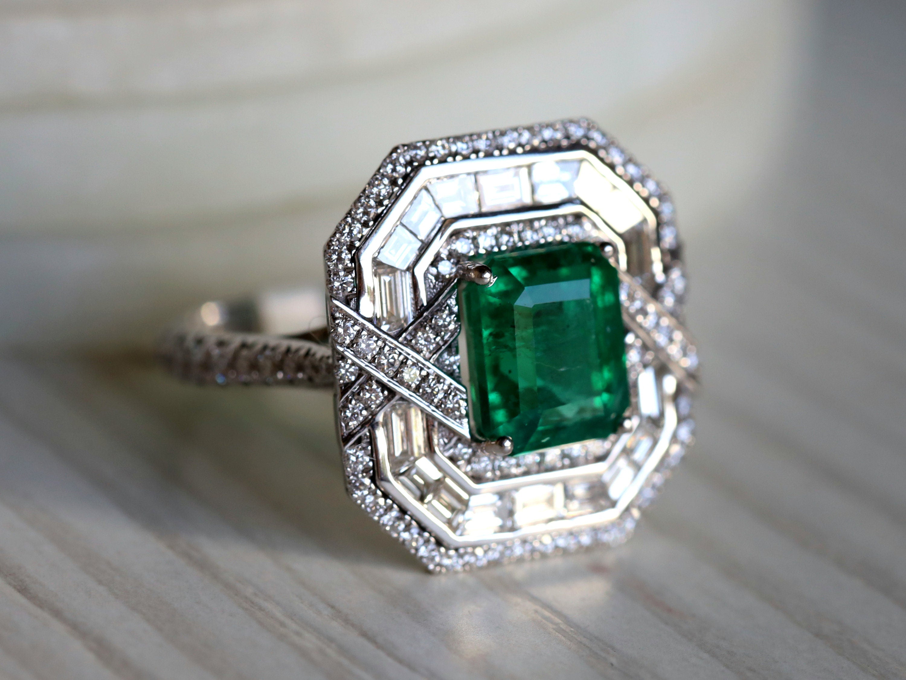 Natural Emerald Engagement Ring | Art Deco Emerald Diamond Ring | 2.5 Carat Emerald Halo Ring -