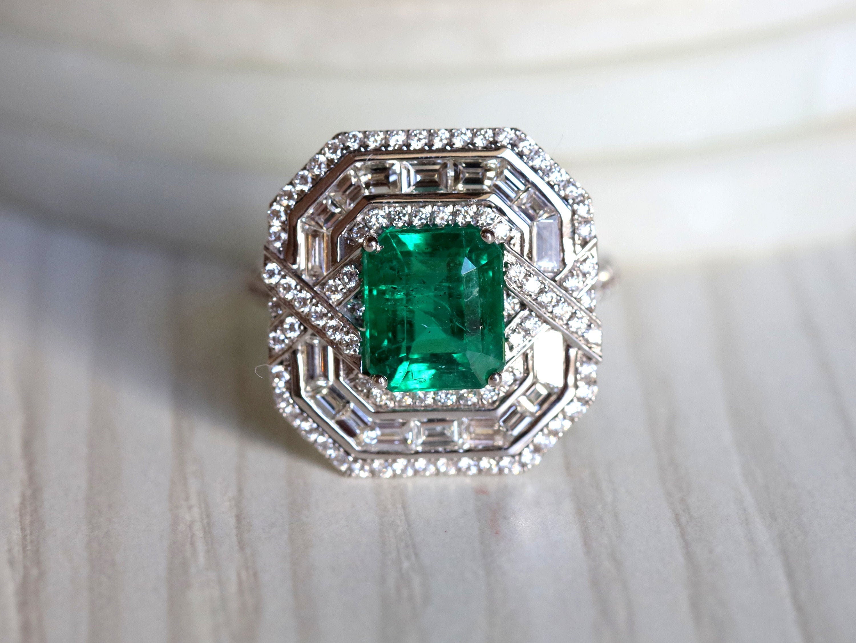 Natural Emerald Engagement Ring | Art Deco Emerald Diamond Ring | 2.5 Carat Emerald Halo Ring -