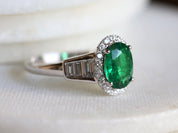 1 CT Emerald Diamond Engagement Ring | Art Deco Oval Emerald Ring | Baguette Diamond Ring -