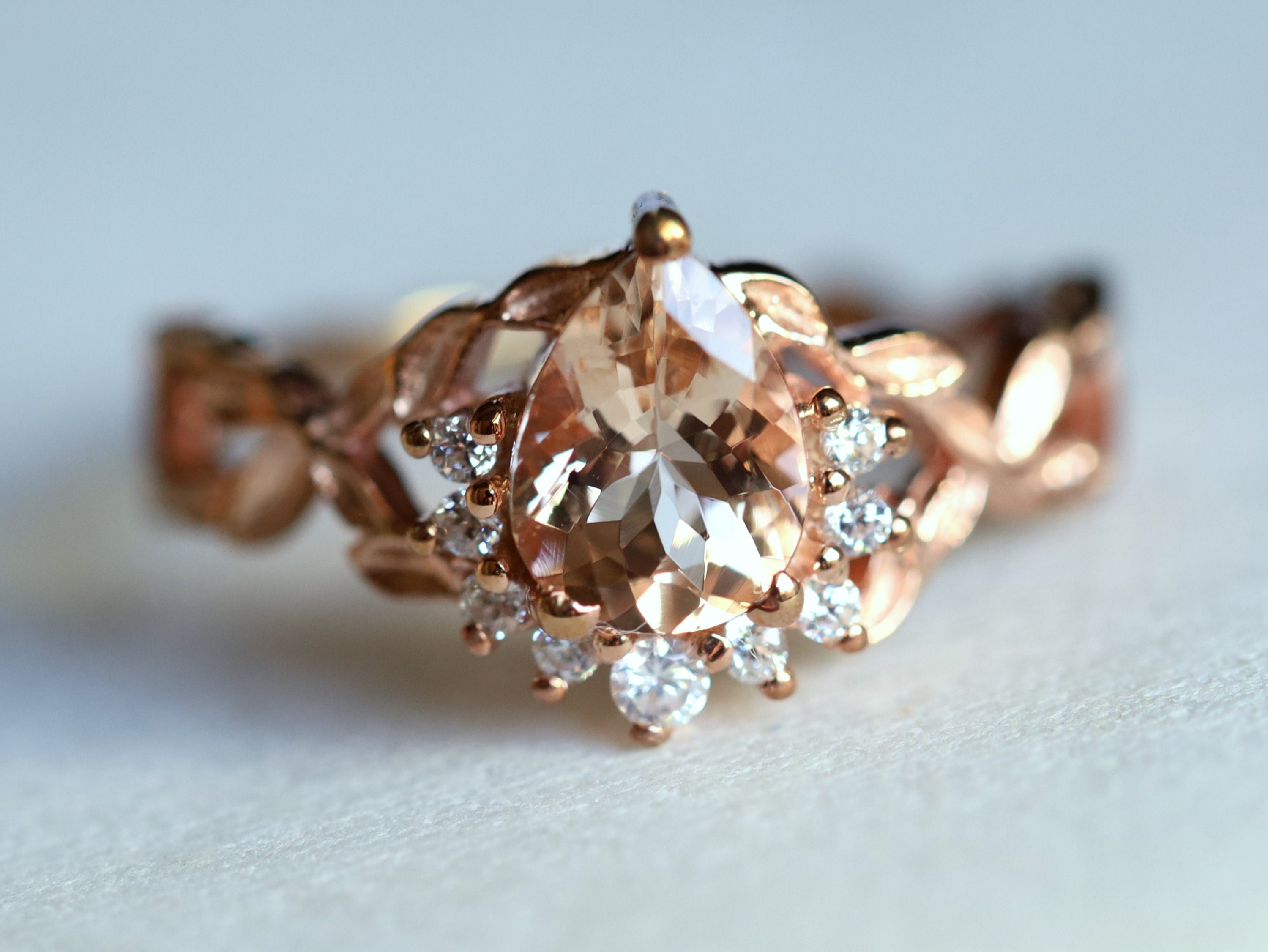 Morganite Engagement Ring | Pear-Cut Twig Design in Rose Gold | Peach Diamond Accent -