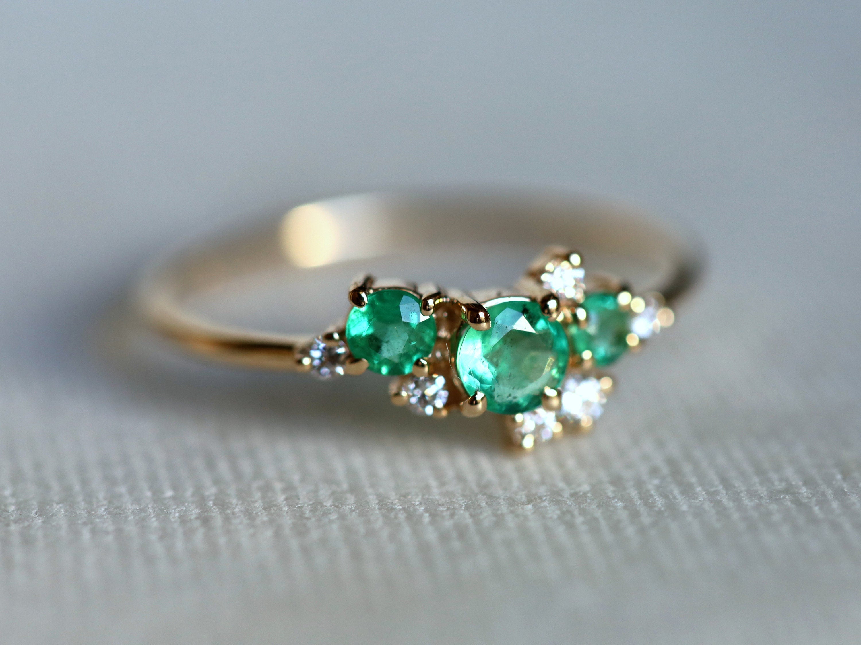 Emerald Diamond Cluster Ring | Green Emerald Engagement Ring with Diamond Cluster -