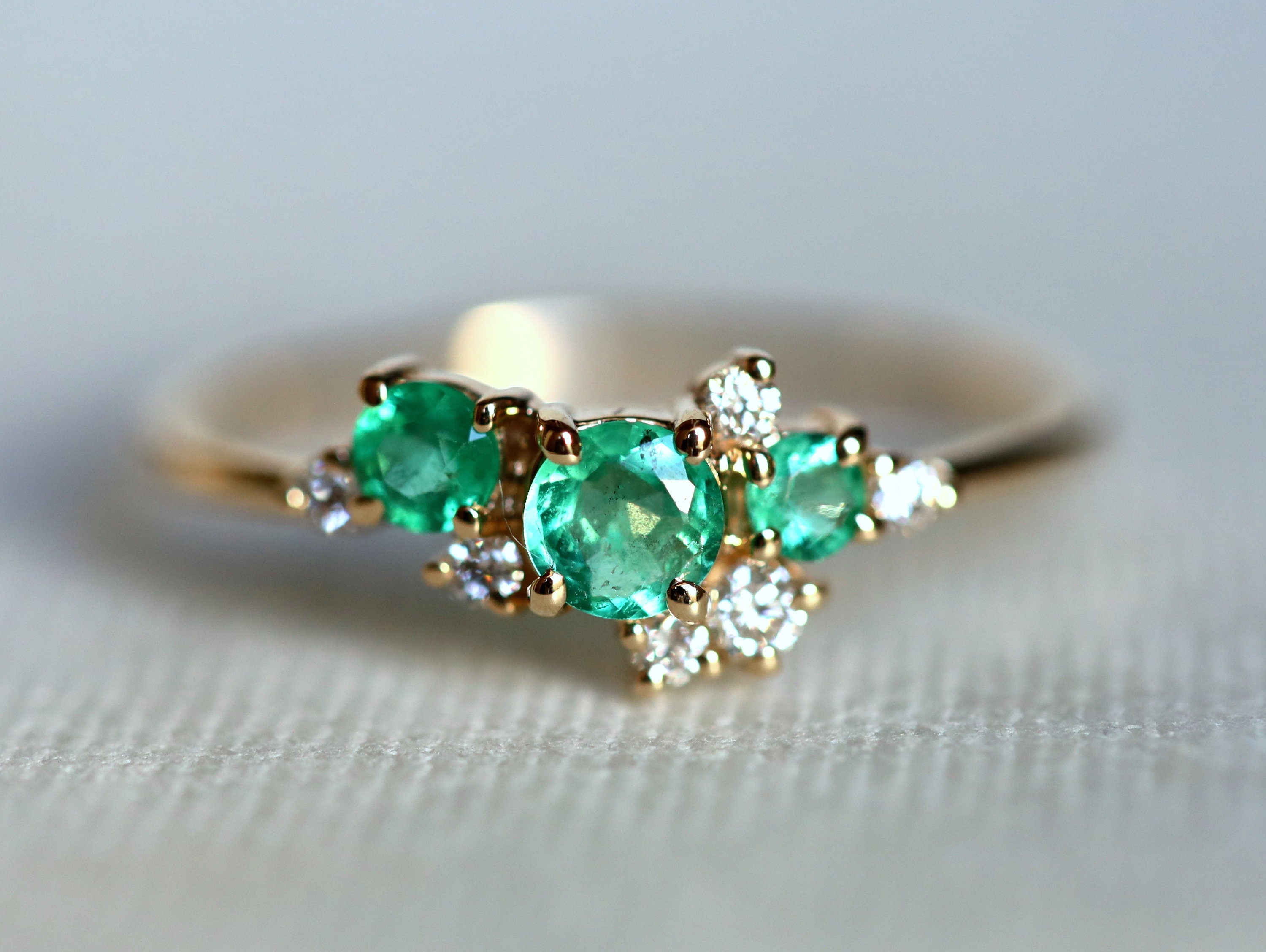 Emerald Diamond Cluster Ring | Green Emerald Engagement Ring with Diamond Cluster -
