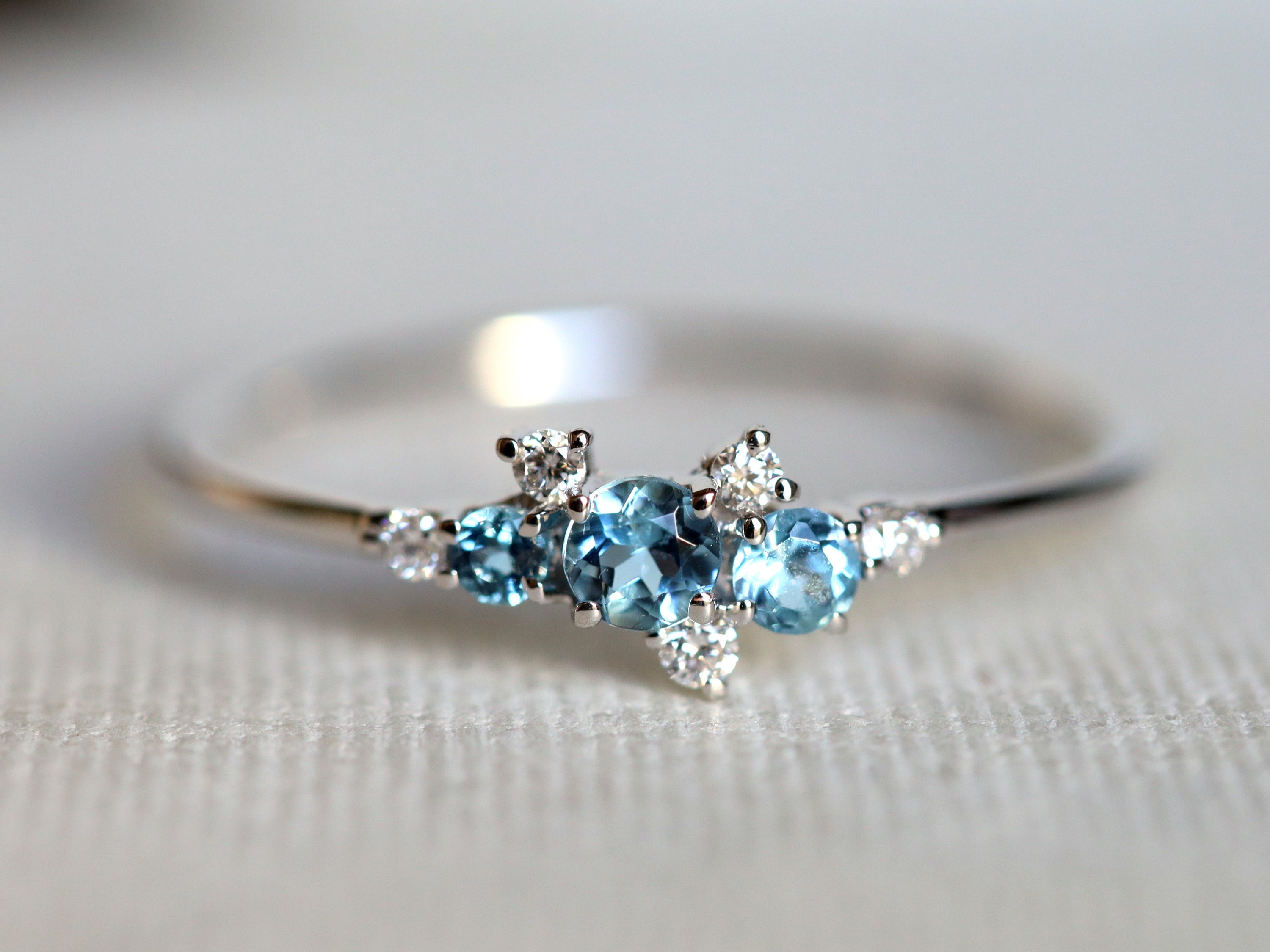 Aquamarine Engagement Ring | Diamond Cluster Ring | March Birthstone Jewelry -