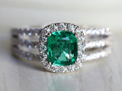 Emerald Engagement Ring | Cushion Cut Emerald & Diamond Halo Ring -