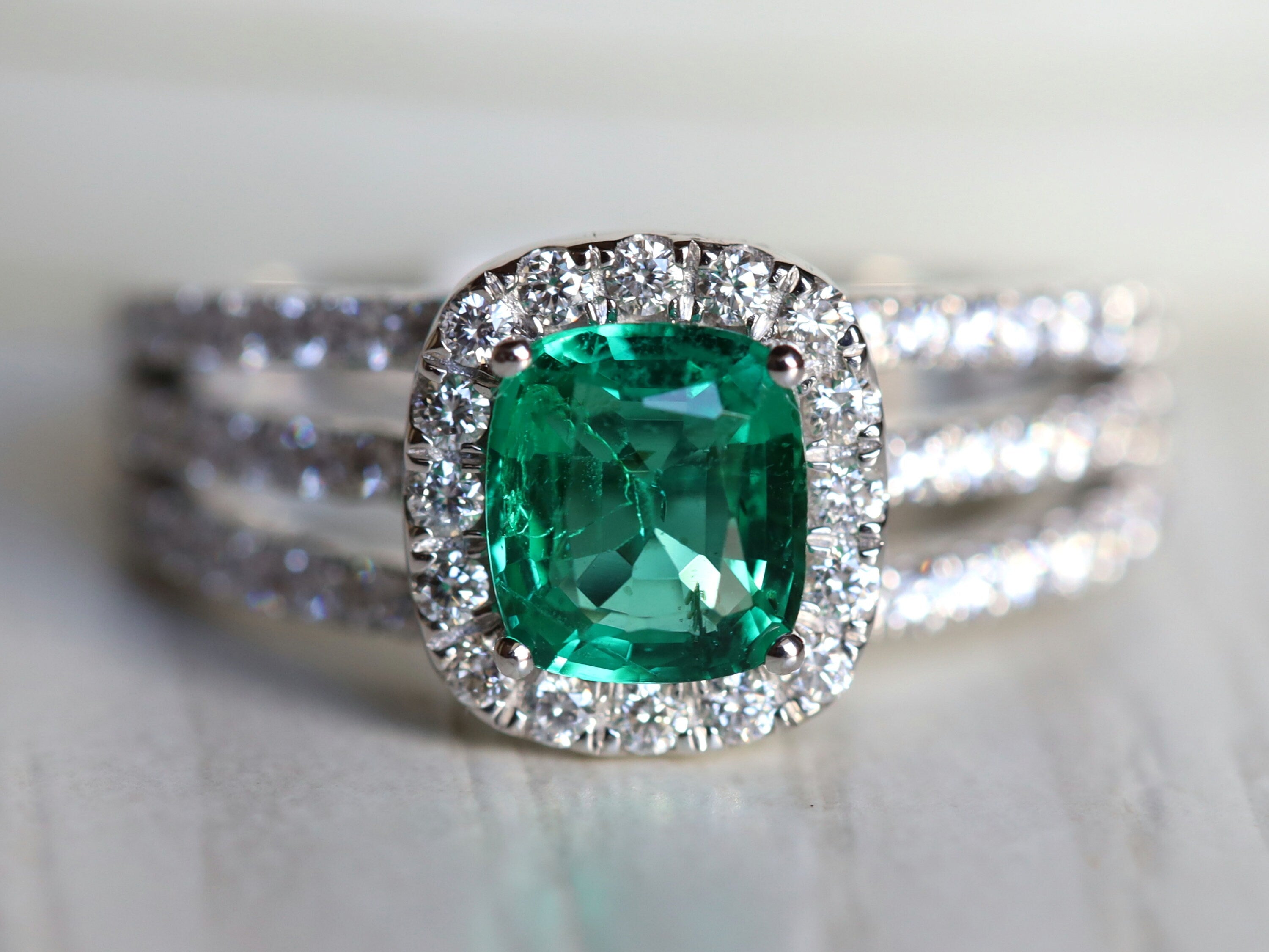 Emerald Engagement Ring | Cushion Cut Emerald & Diamond Halo Ring -
