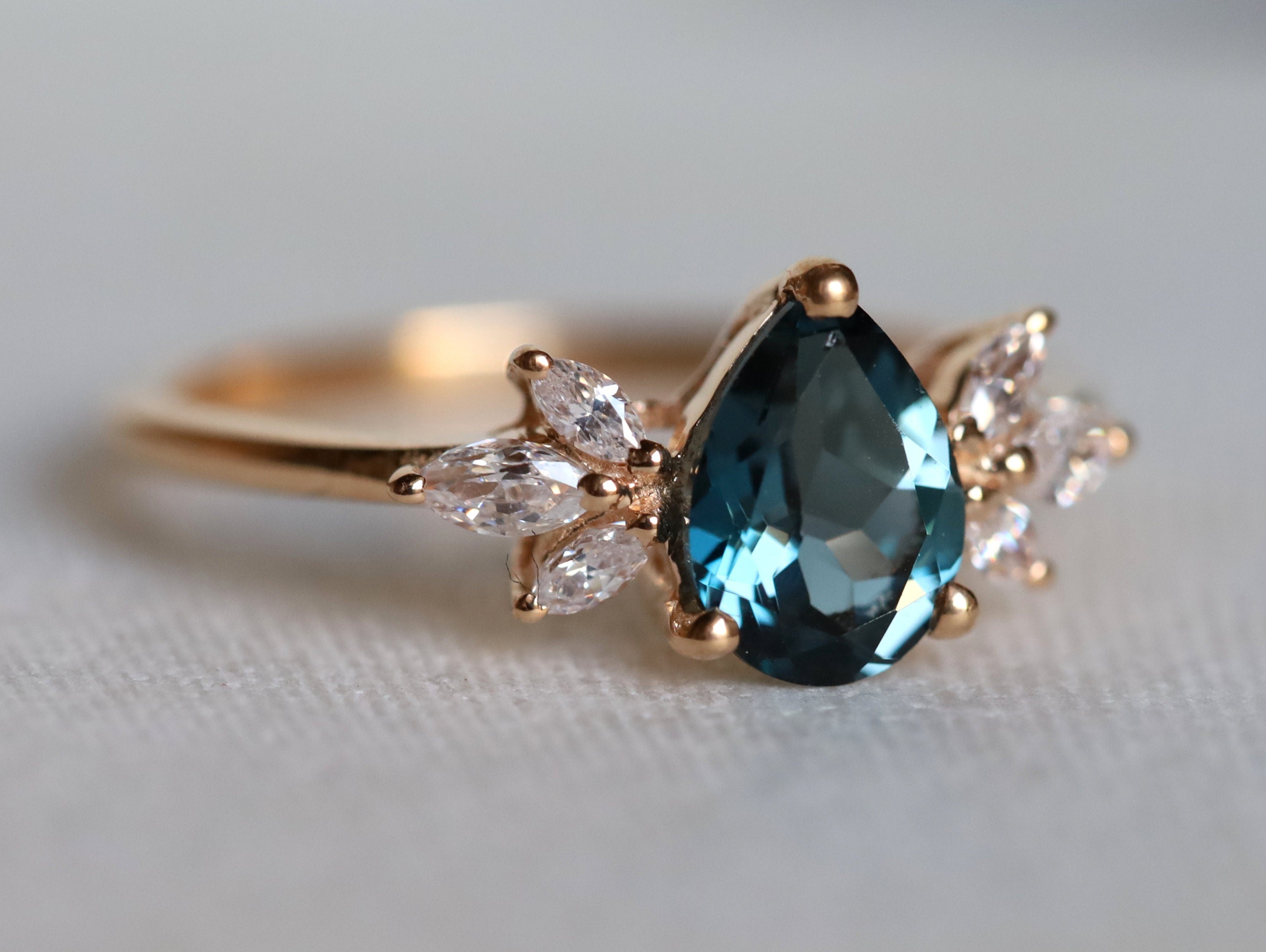 London Blue Topaz Engagement Ring | Twig Style Pear Shape Ring | Marquise Diamond Ring -