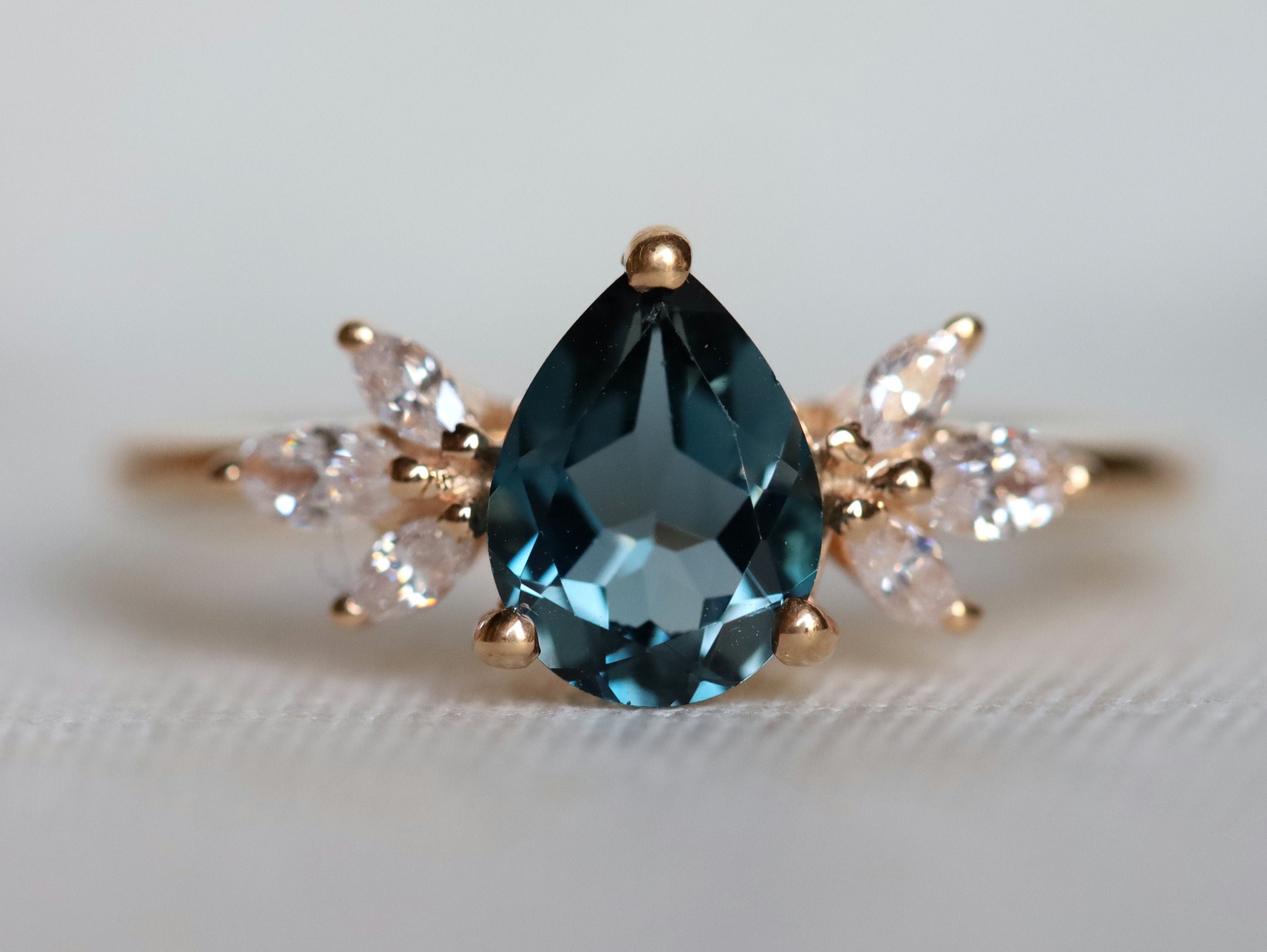 London Blue Topaz Engagement Ring | Twig Style Pear Shape Ring | Marquise Diamond Ring -