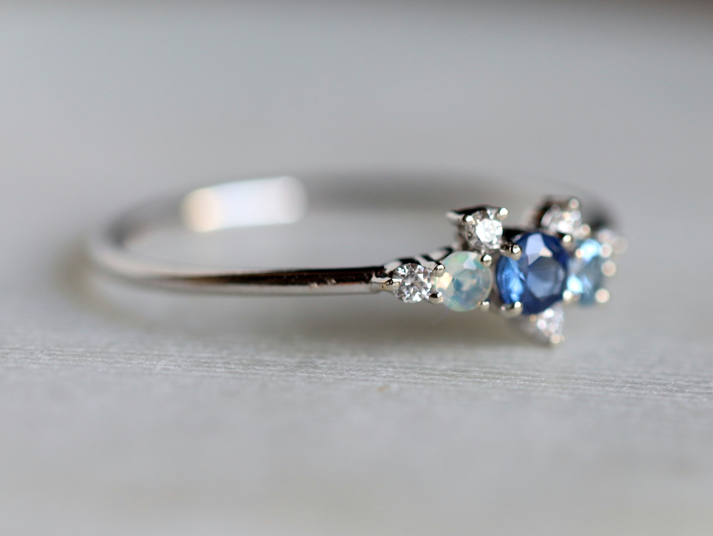 Sapphire Opal Aquamarine Diamond Cluster Ring | Birthstone Cluster Engagement Ring -