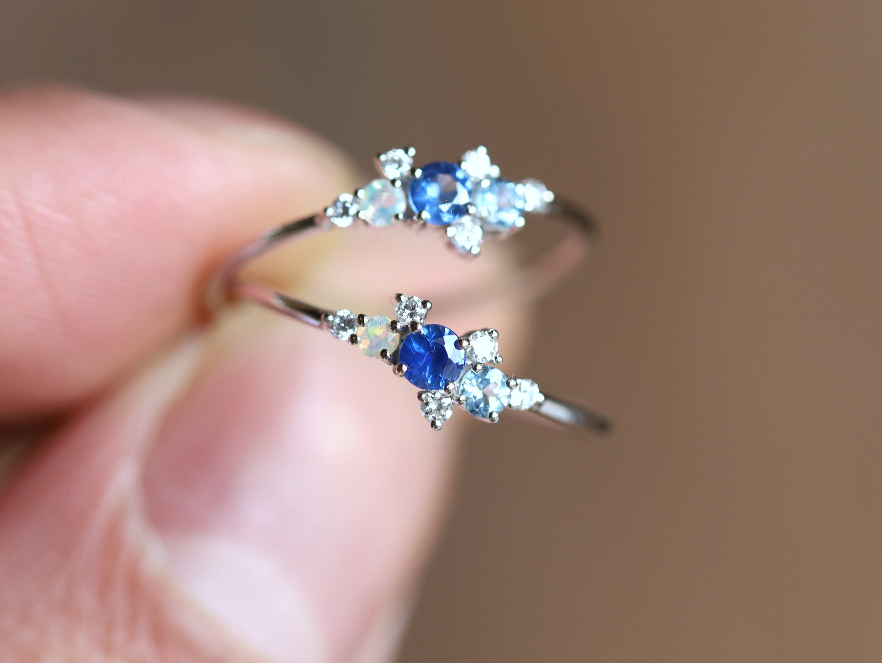 Sapphire Opal Aquamarine Diamond Cluster Ring | Birthstone Cluster Engagement Ring -