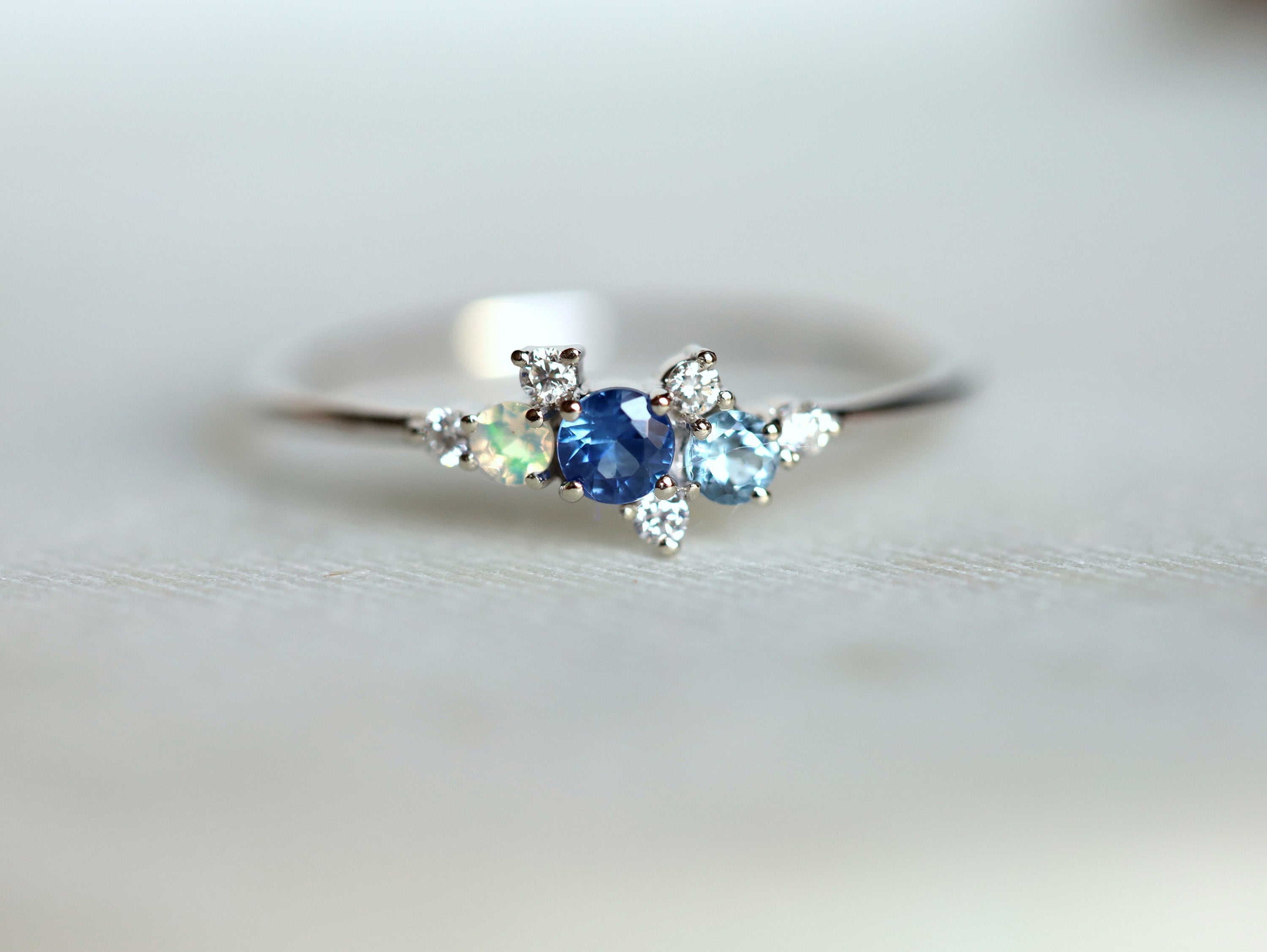 Sapphire Opal Aquamarine Diamond Cluster Ring | Birthstone Cluster Engagement Ring -