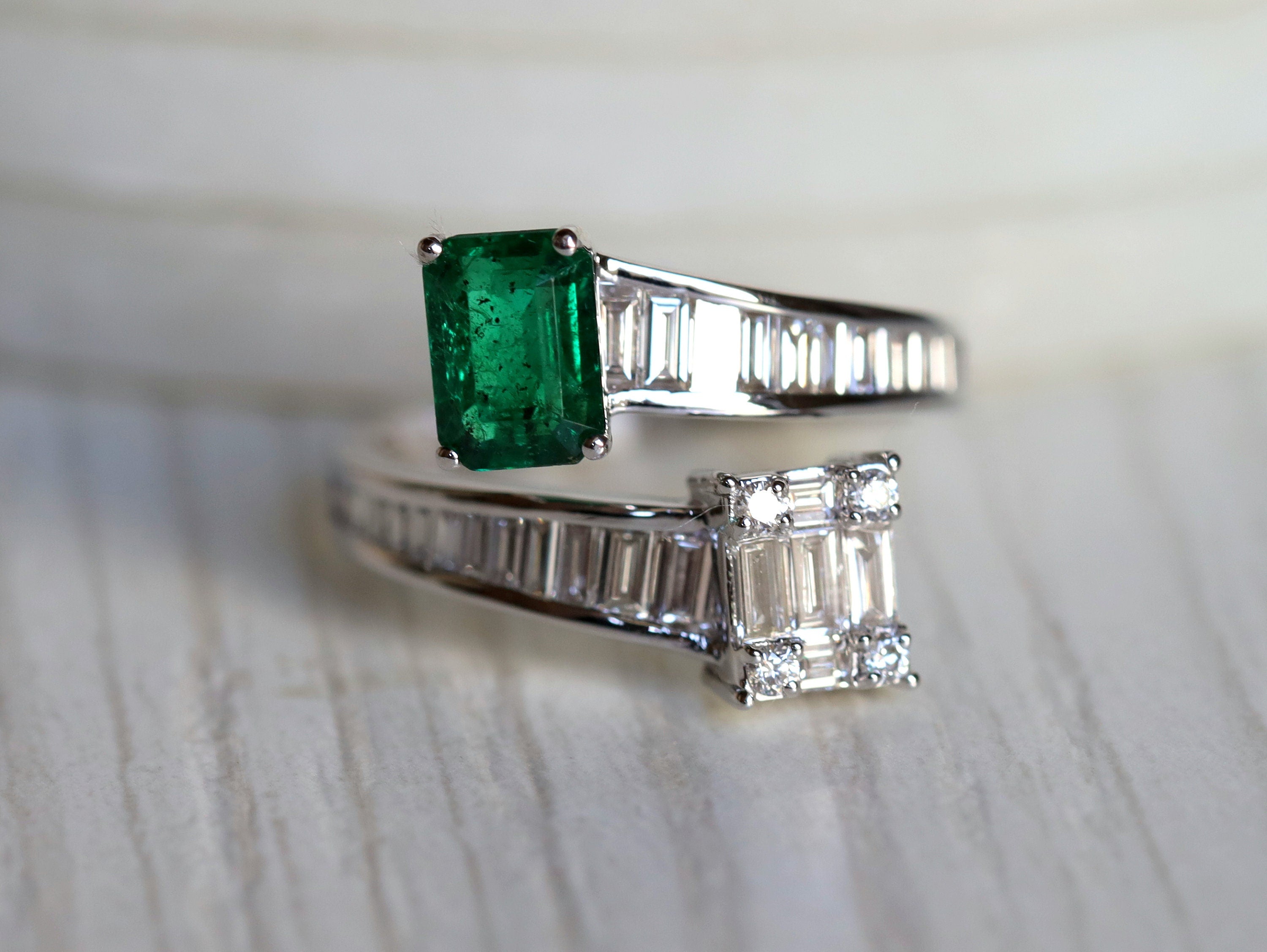 Diamond & Emerald Engagement Ring | Baguette Art Deco Vintage Ring | Adjustable Engagement Ring -