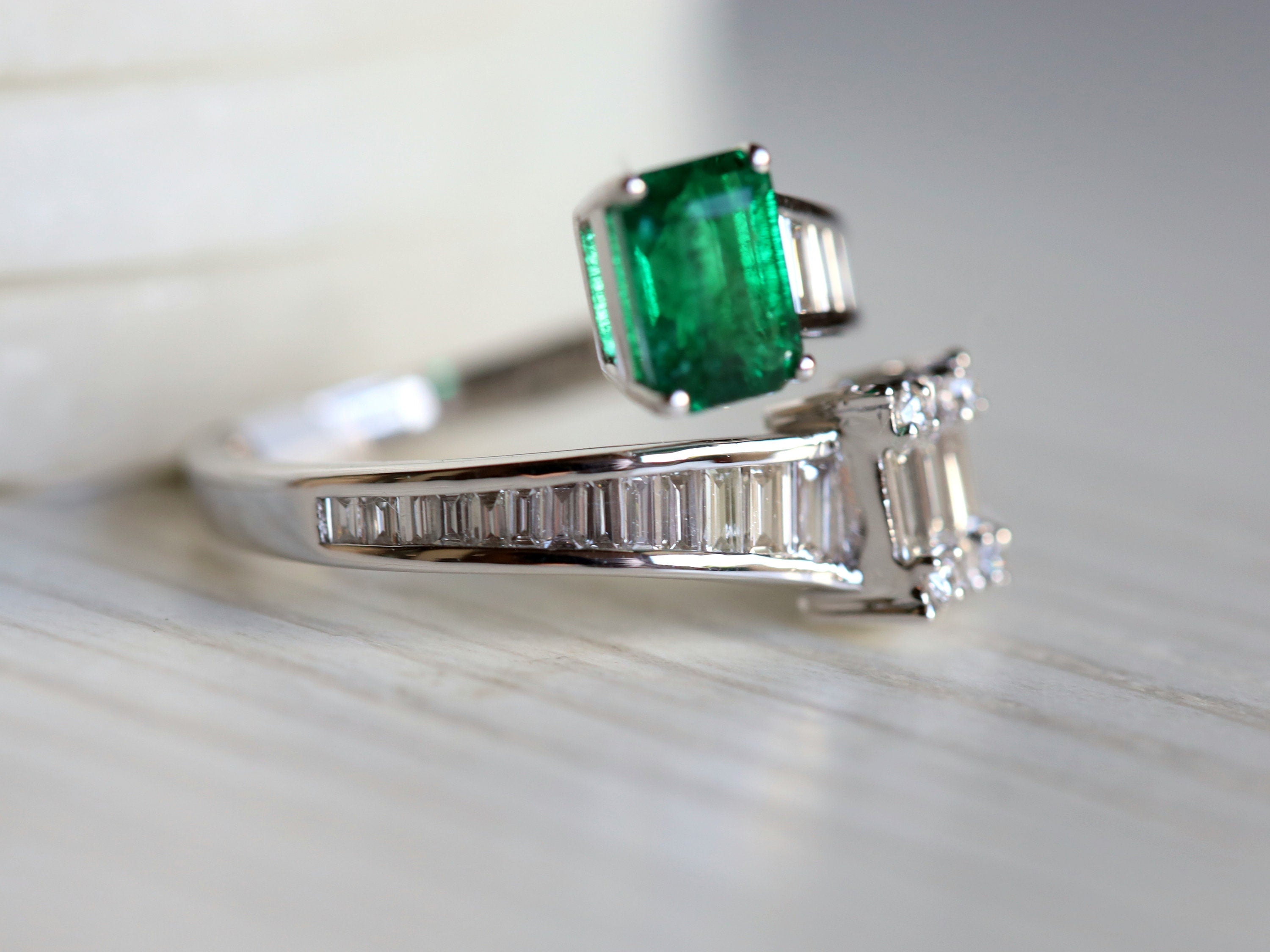 Diamond & Emerald Engagement Ring | Baguette Art Deco Vintage Ring | Adjustable Engagement Ring -