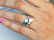 Diamond & Emerald Engagement Ring | Baguette Art Deco Vintage Ring | Adjustable Engagement Ring -