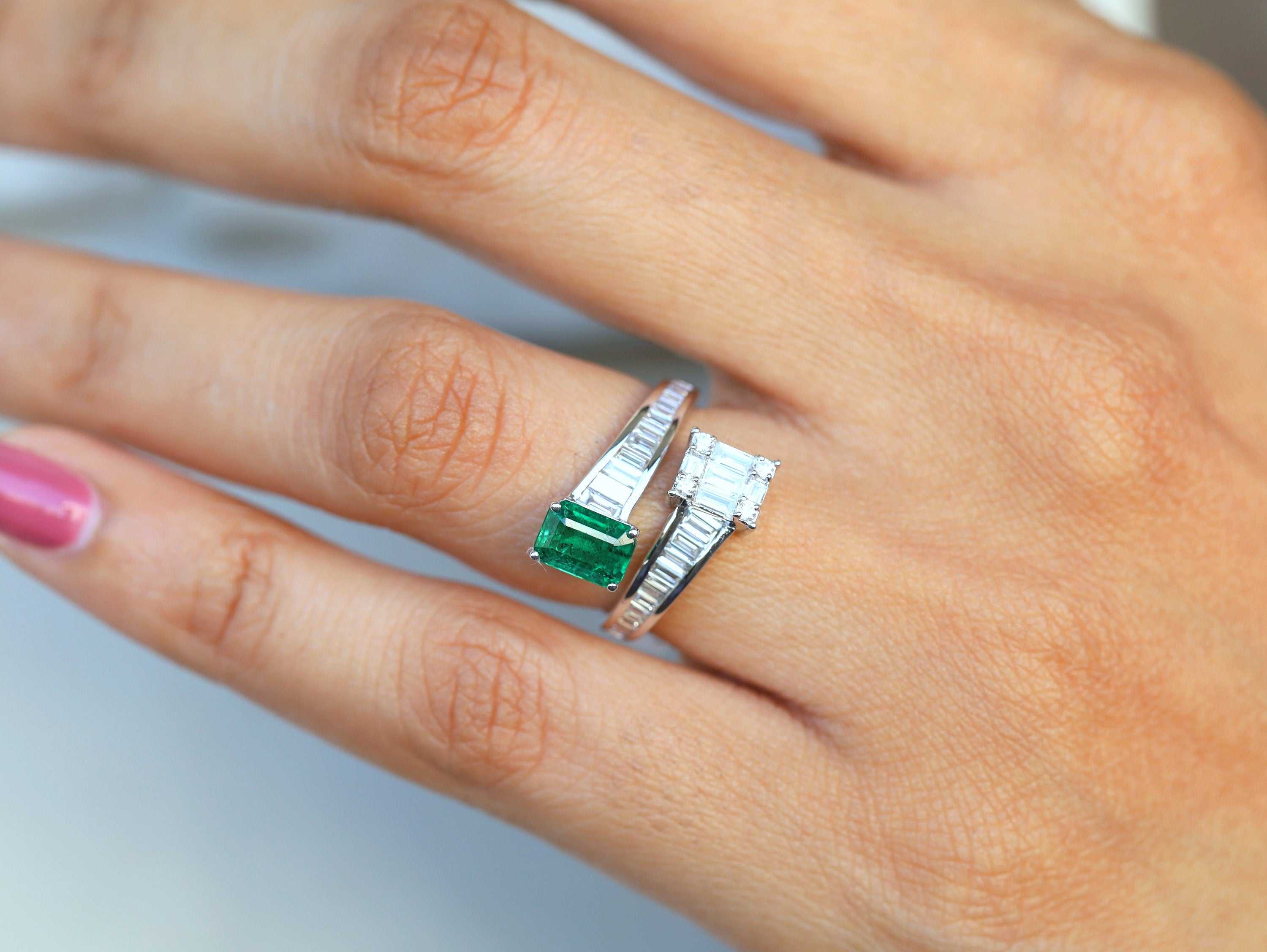 Diamond & Emerald Engagement Ring | Baguette Art Deco Vintage Ring | Adjustable Engagement Ring -