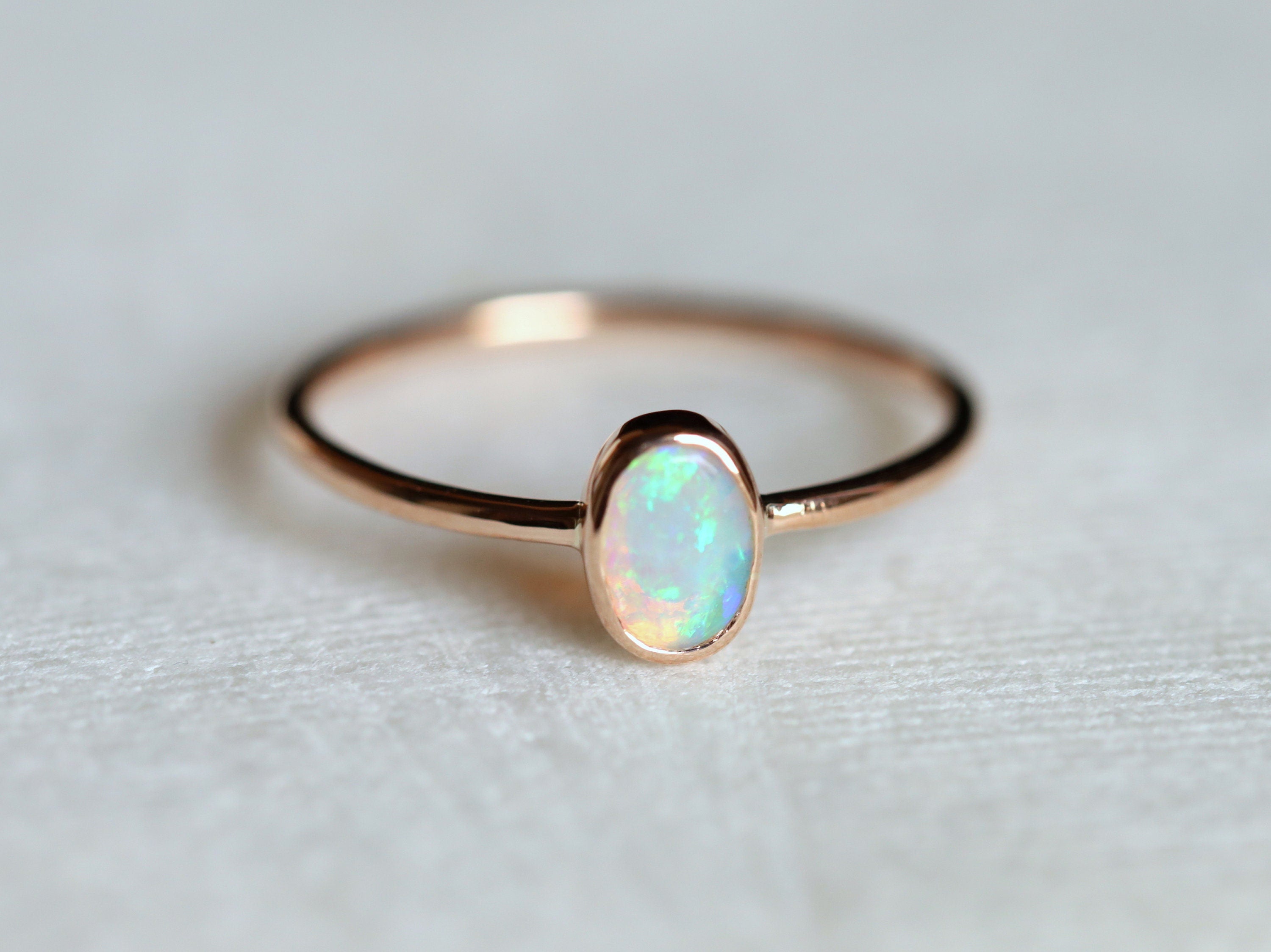 Gold Australian Opal Ring | Fire Opal Cabochon Silver Ring -