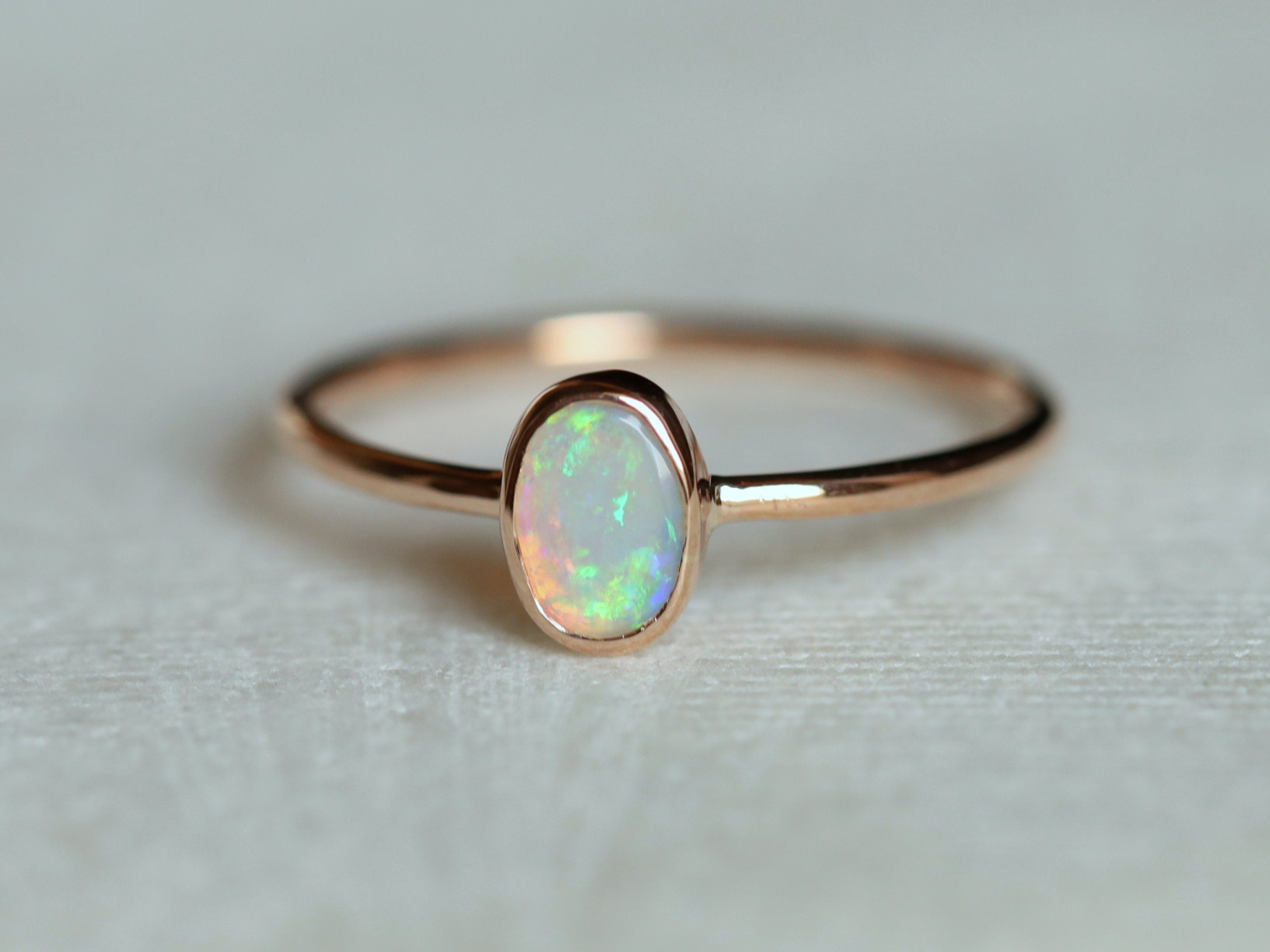 Gold Australian Opal Ring | Fire Opal Cabochon Silver Ring -