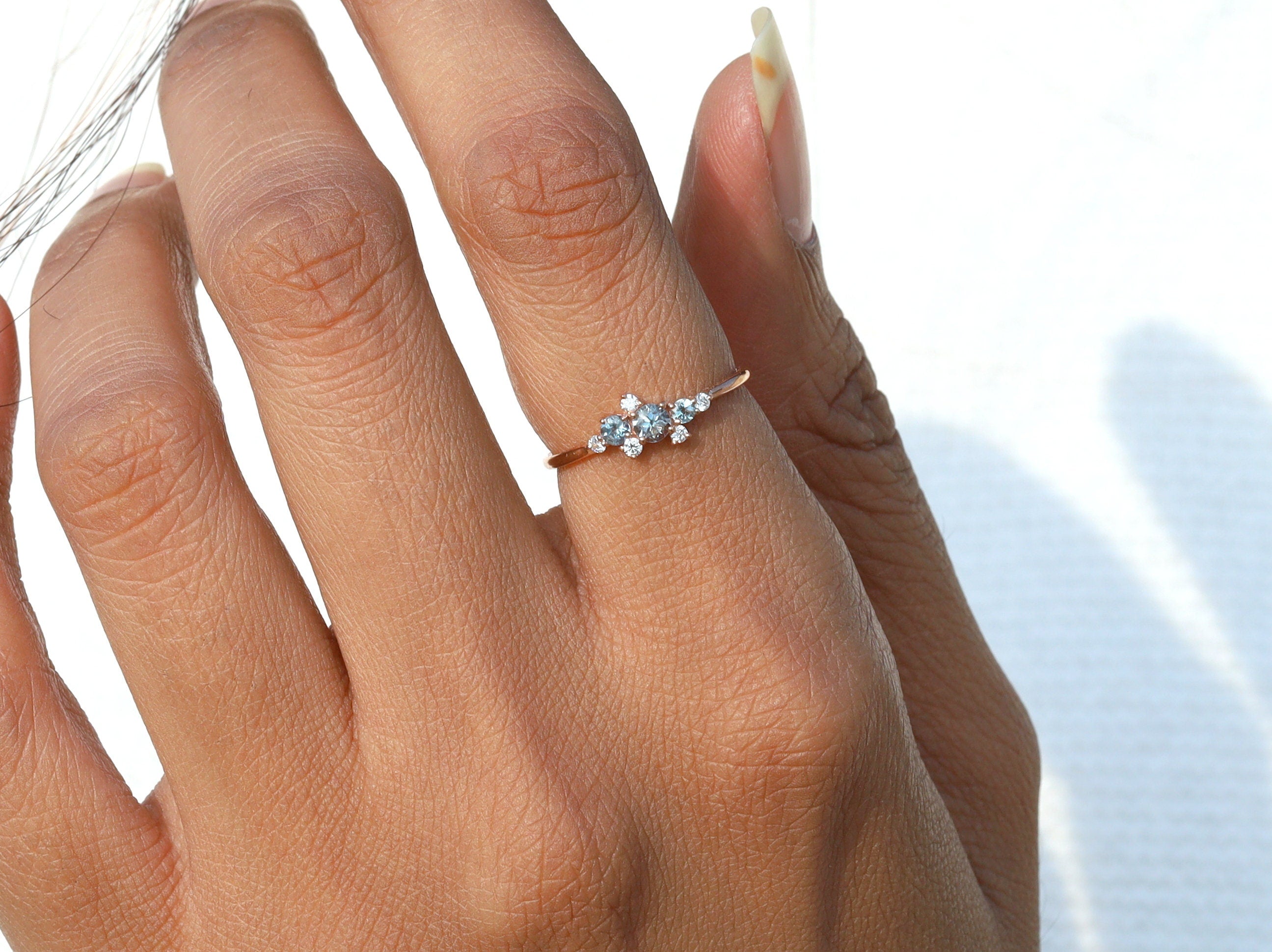 Aquamarine Engagement Ring | Diamond Cluster Ring | March Birthstone Jewelry -