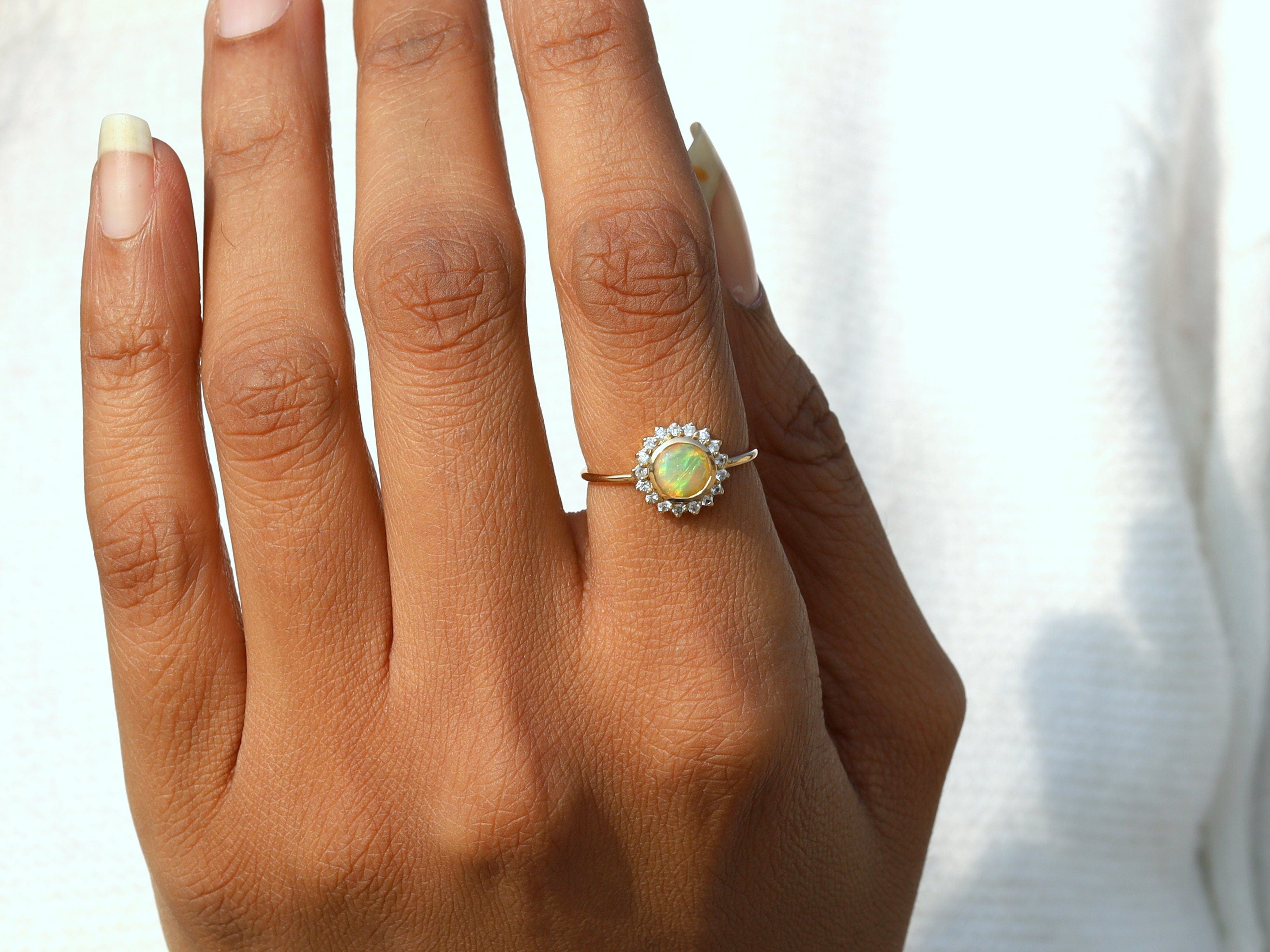 Opal Engagement Ring | Diamond Opal Halo Ring | Gold Opal Ring for Anniversary -