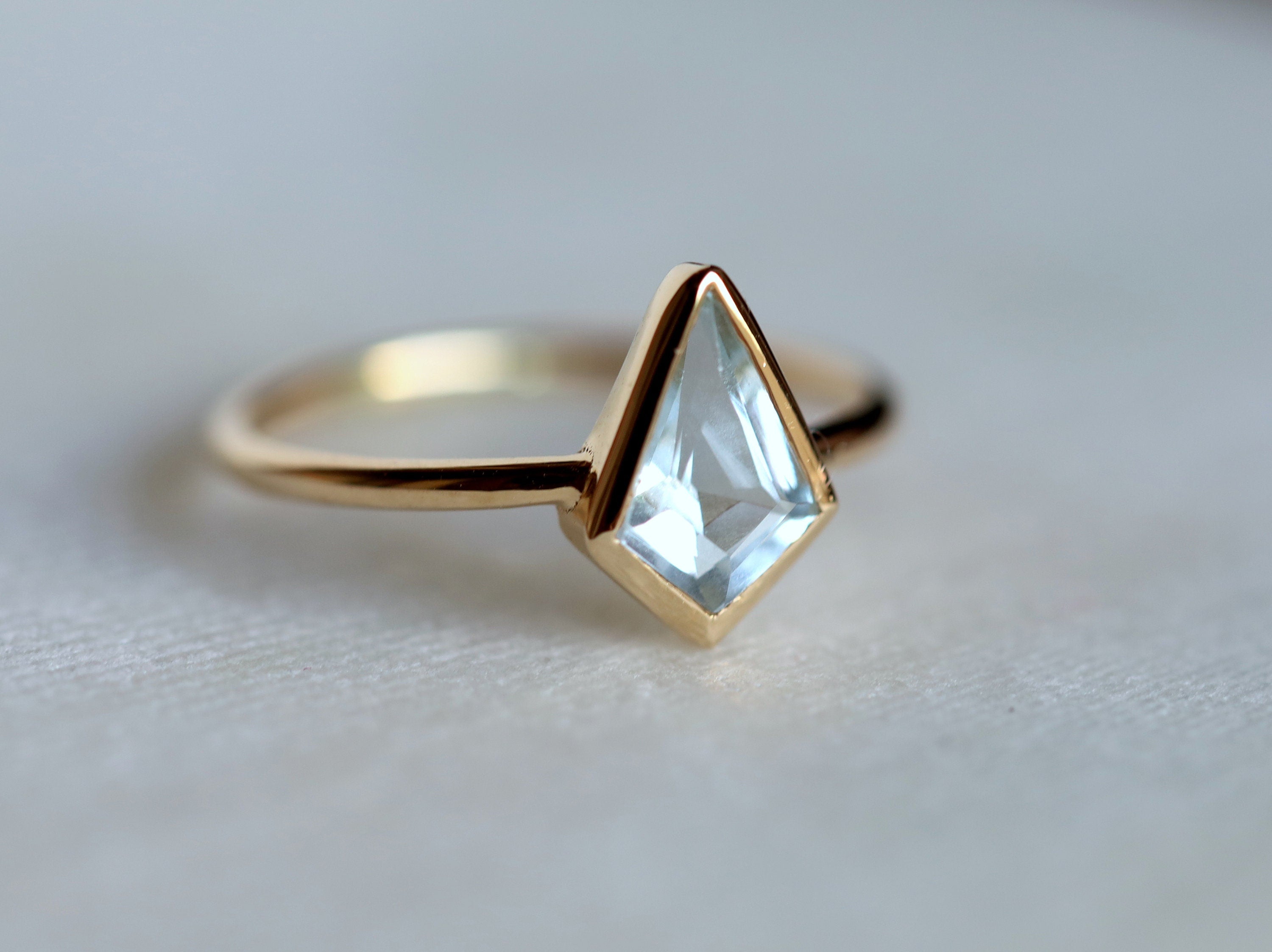 Kite Aquamarine Engagement Ring | Basic Bezel Set Aquamarine in Solid Gold | March Birthstone -