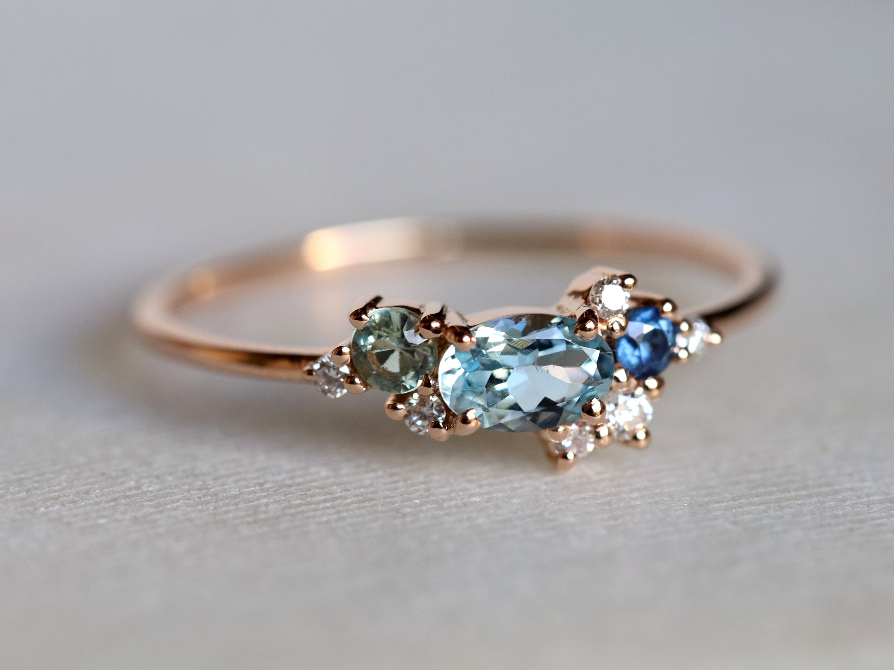 Aquamarine Cluster Ring | Sapphire & Diamond Ring | March Birthstone Jewelry -