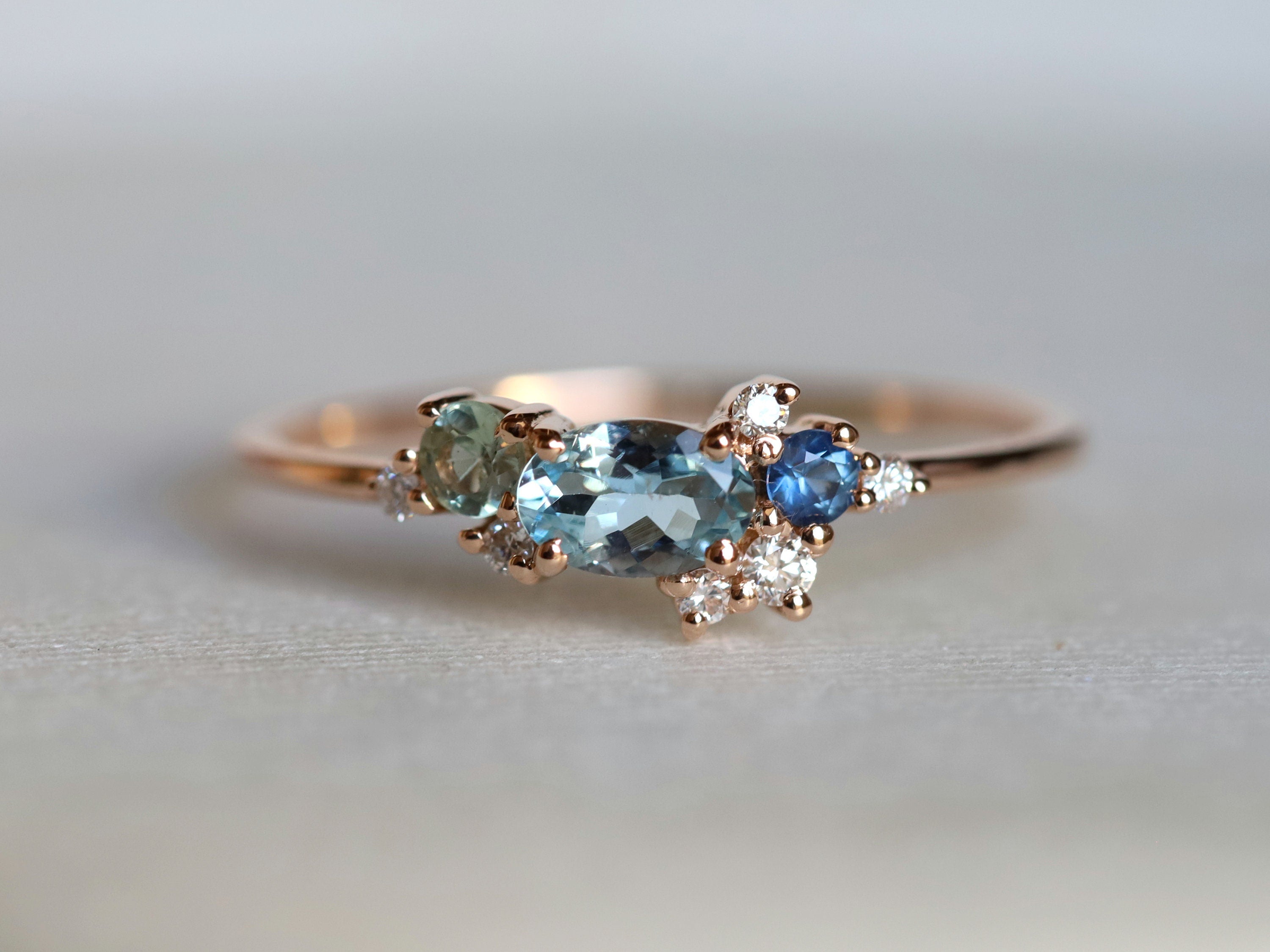 Aquamarine Cluster Ring | Sapphire & Diamond Ring | March Birthstone Jewelry -