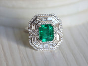 Natural Emerald Engagement Ring | Art Deco Emerald Diamond Ring | 2.5 Carat Emerald Halo Ring -