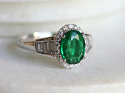 1 CT Emerald Diamond Engagement Ring | Art Deco Oval Emerald Ring | Baguette Diamond Ring -