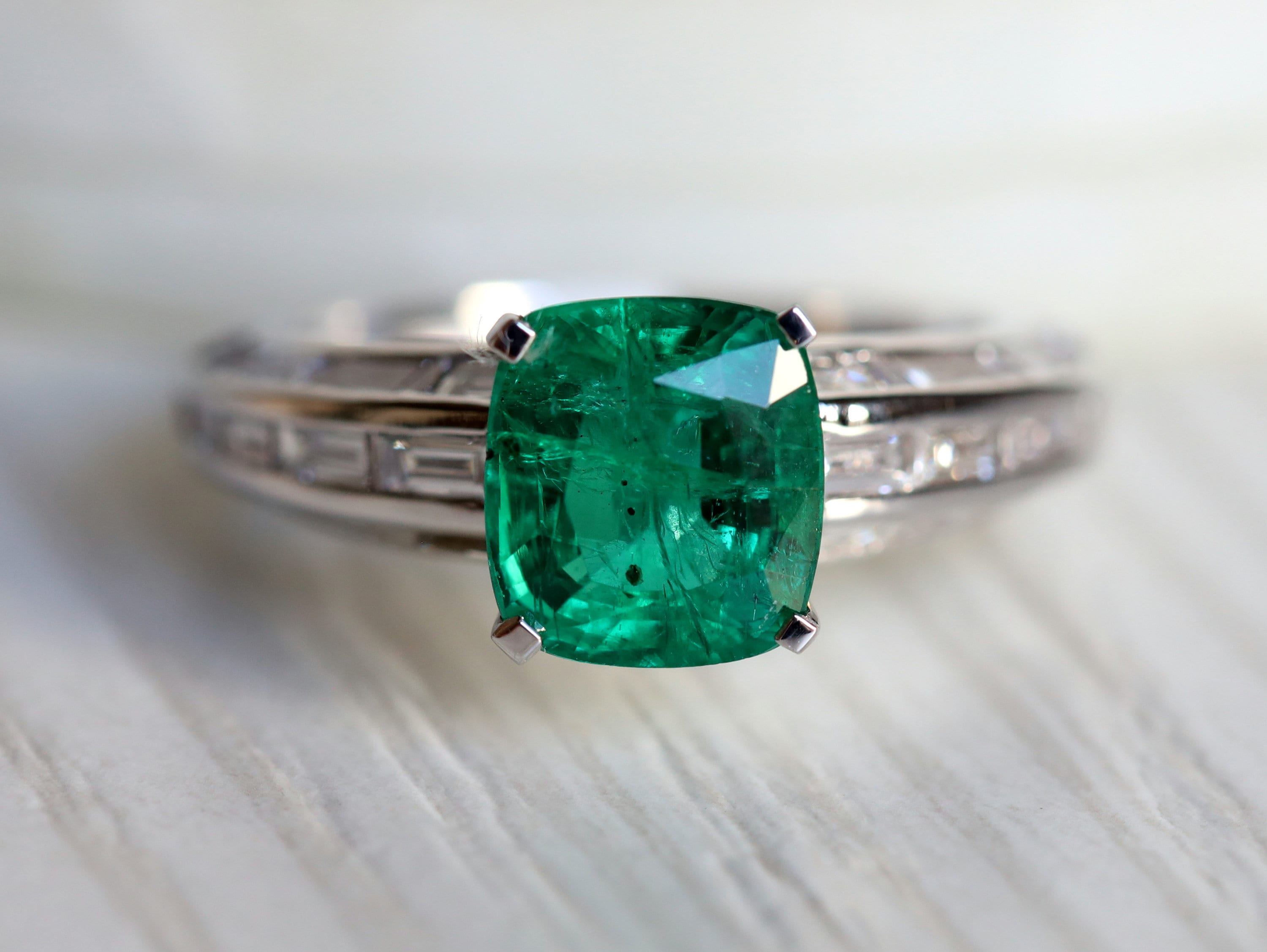 Certified Emerald Engagement Ring | 2.5 Carat Art Deco Cushion Cut Emerald with Baguette Diamonds -