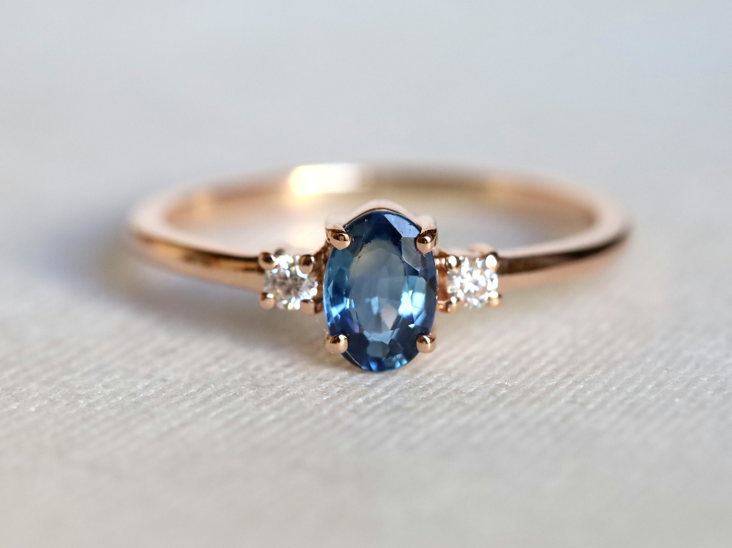 Three Stone Sapphire Engagement Ring | Blue Sapphire & Diamond -