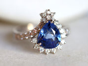 3ct Natural Blue Sapphire Engagement Ring | Art Deco Diamond Pear Cut Sapphire Engagement Ring -