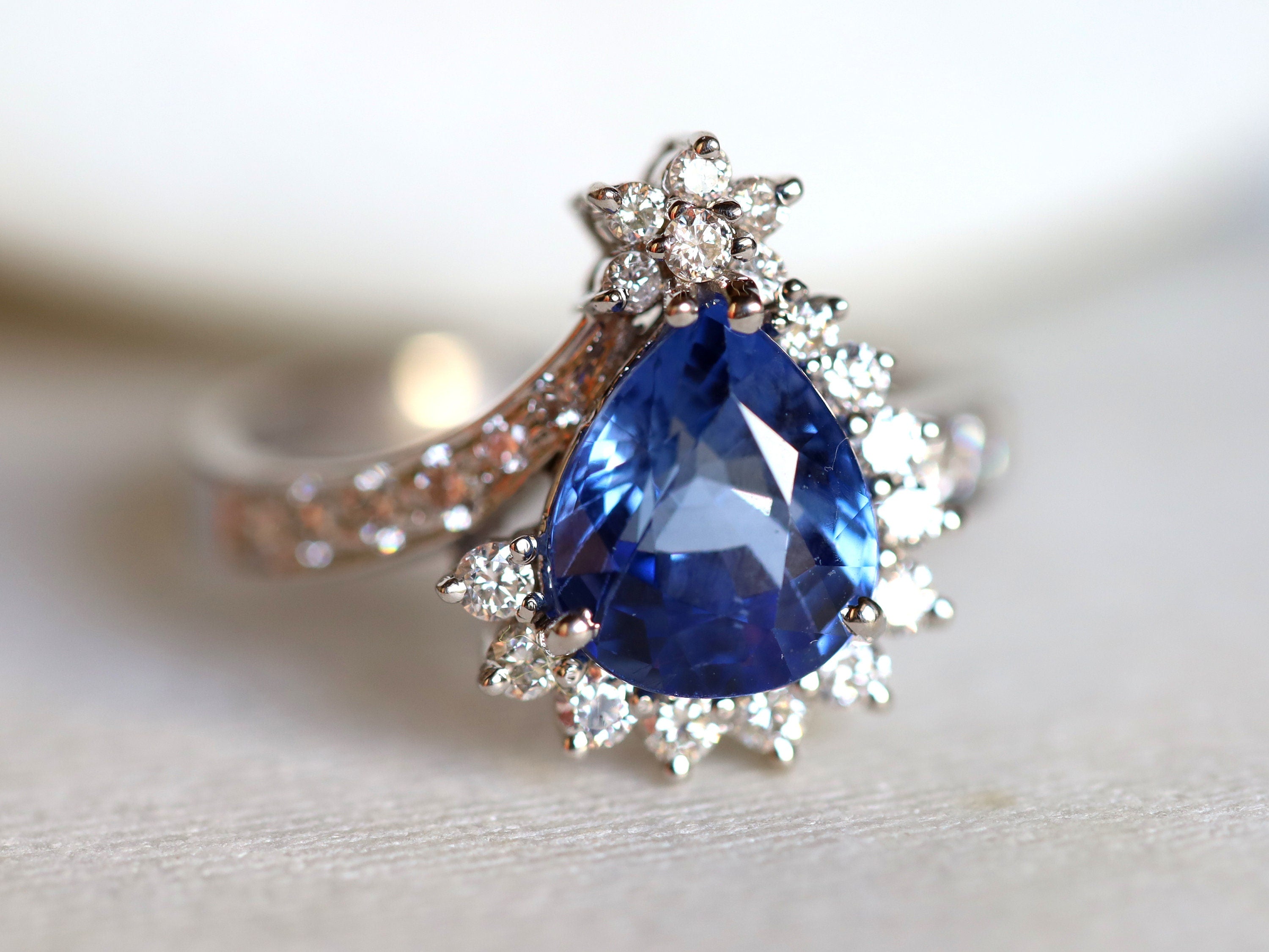 3ct Natural Blue Sapphire Engagement Ring | Art Deco Diamond Pear Cut Sapphire Engagement Ring -