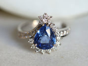 3ct Natural Blue Sapphire Engagement Ring | Art Deco Diamond Pear Cut Sapphire Engagement Ring -