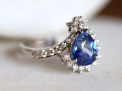 3ct Natural Blue Sapphire Engagement Ring | Art Deco Diamond Pear Cut Sapphire Engagement Ring -