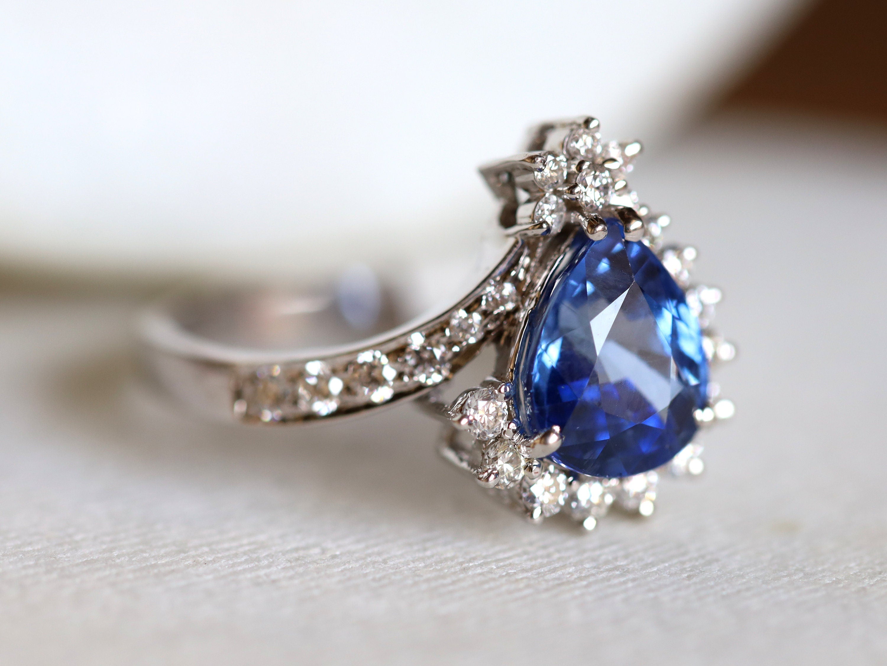 3ct Natural Blue Sapphire Engagement Ring | Art Deco Diamond Pear Cut Sapphire Engagement Ring -